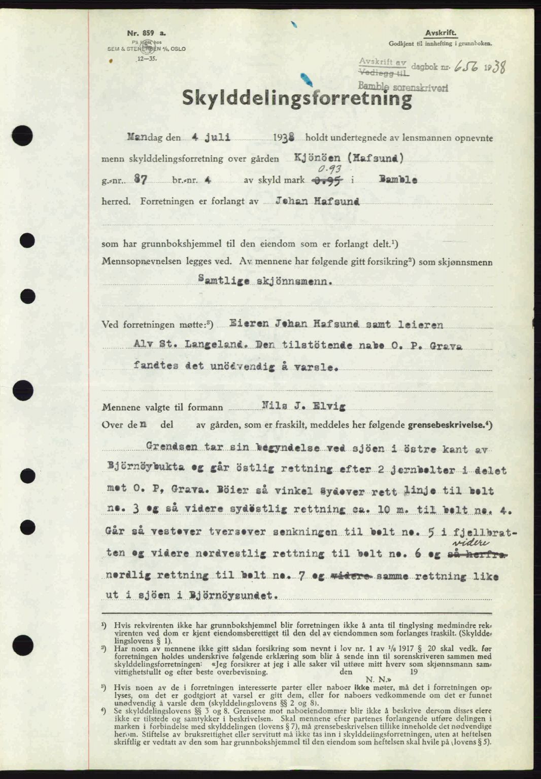 Bamble sorenskriveri, AV/SAKO-A-214/G/Ga/Gag/L0002: Mortgage book no. A-2, 1937-1938, Diary no: : 656/1938