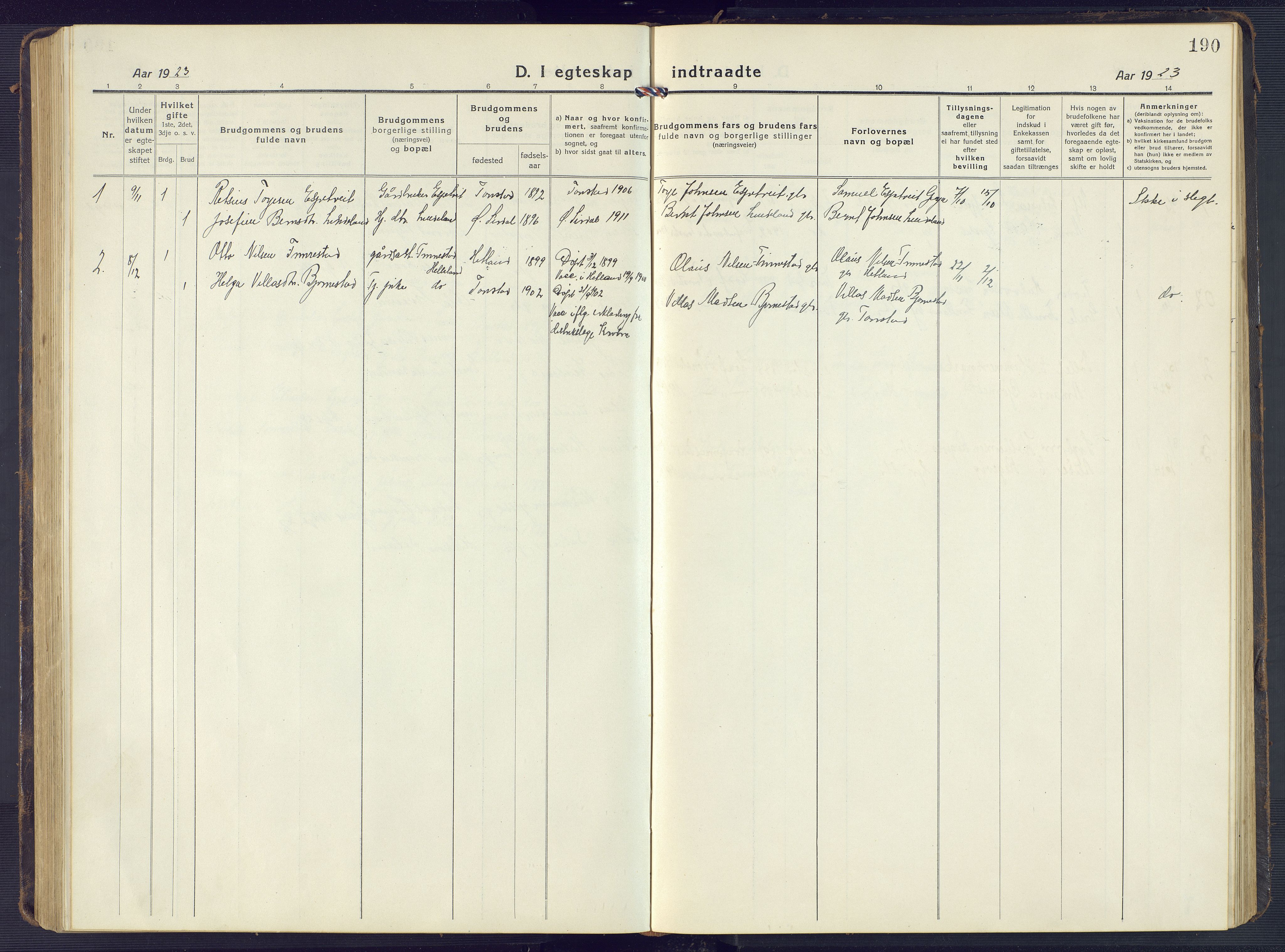 Sirdal sokneprestkontor, SAK/1111-0036/F/Fb/Fbb/L0005: Parish register (copy) no. B 5, 1916-1960, p. 190