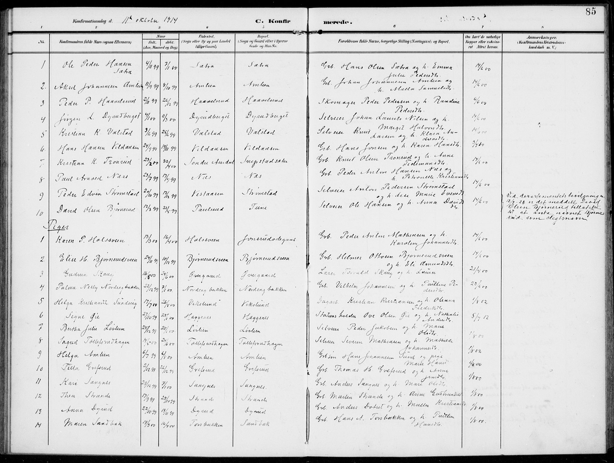 Kolbu prestekontor, SAH/PREST-110/H/Ha/Haa/L0001: Parish register (official) no. 1, 1907-1923, p. 85