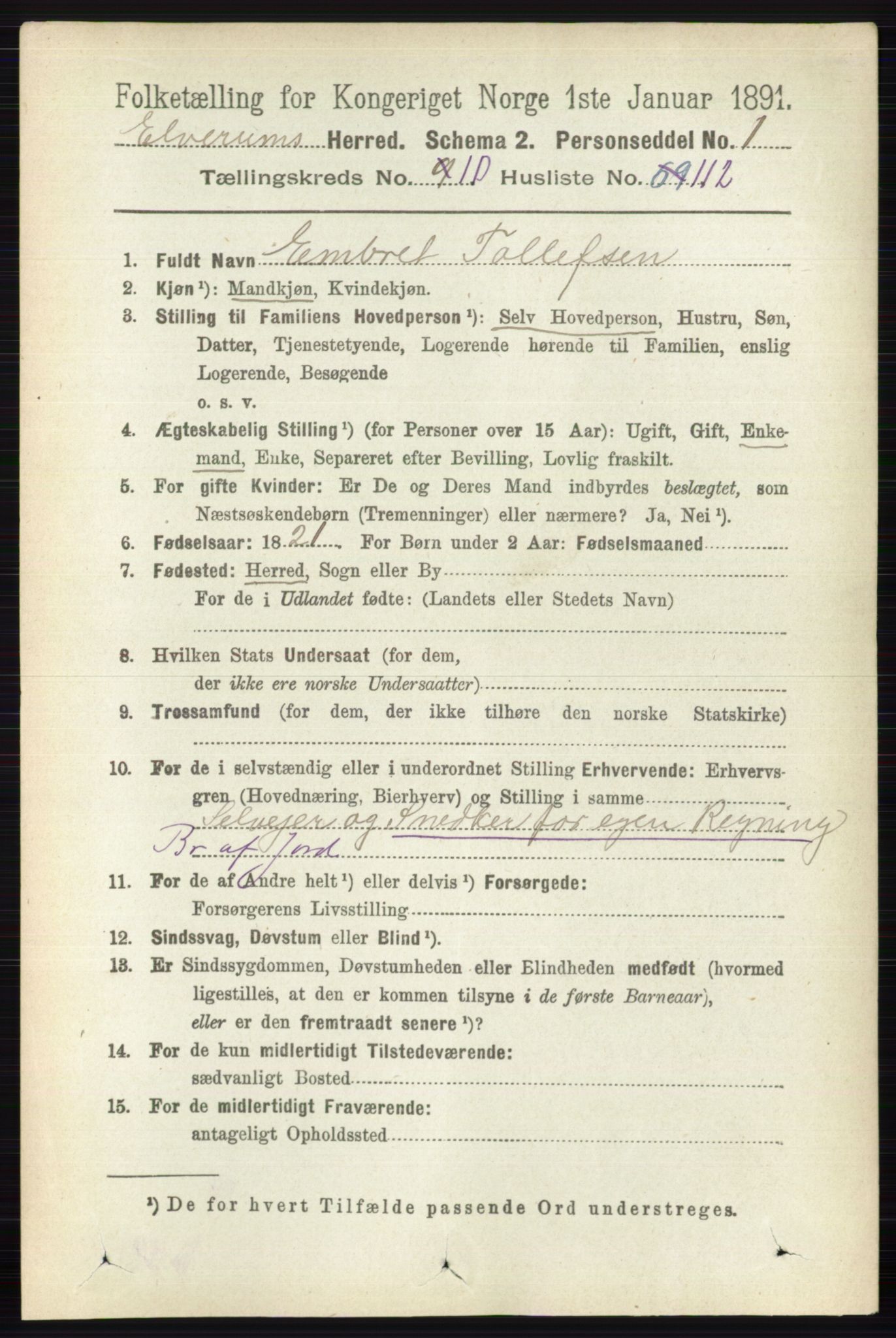 RA, 1891 census for 0427 Elverum, 1891, p. 8924