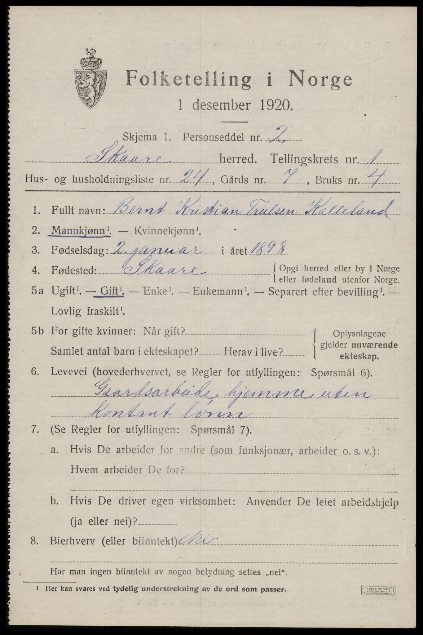 SAST, 1920 census for Skåre, 1920, p. 1264