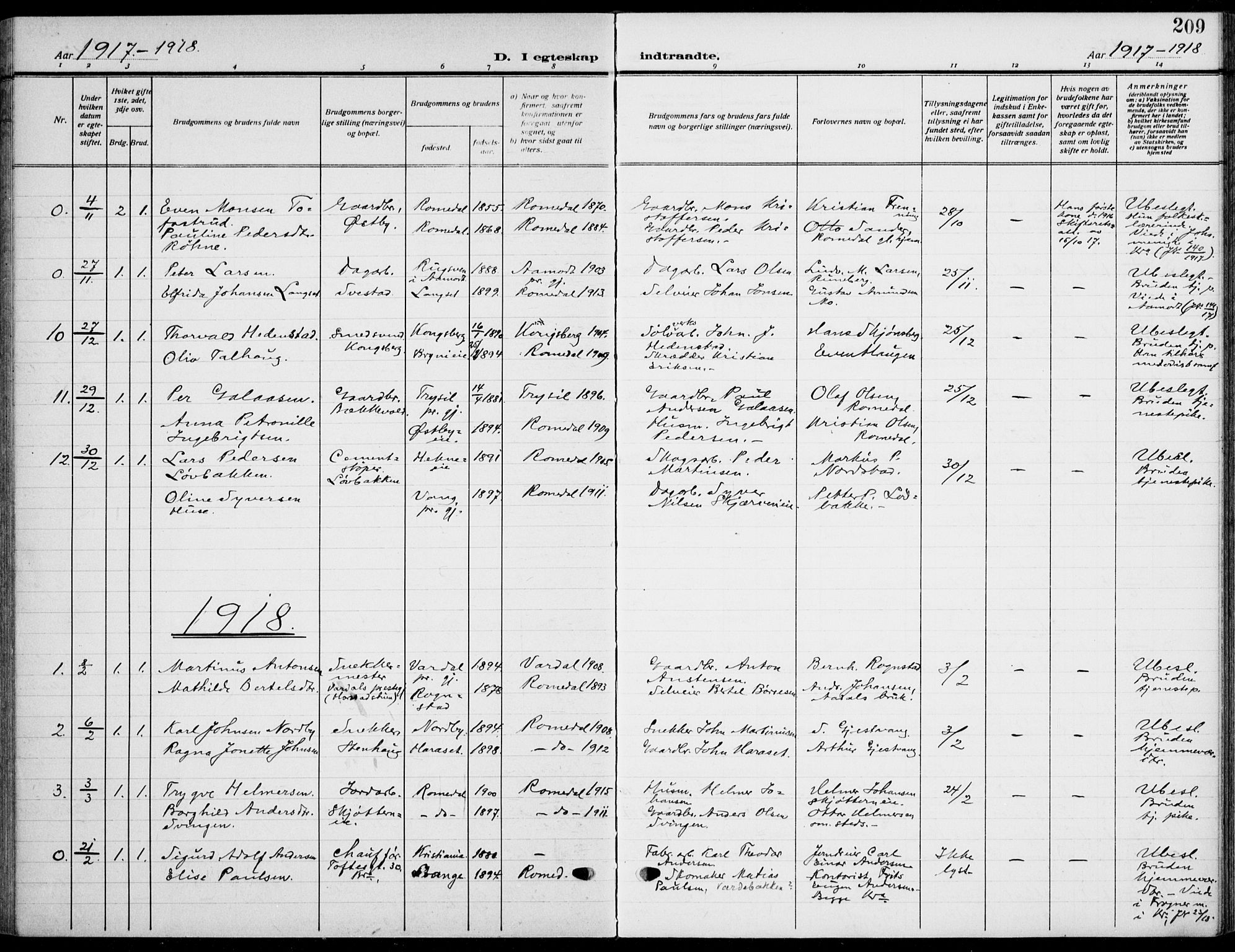Romedal prestekontor, SAH/PREST-004/K/L0012: Parish register (official) no. 12, 1913-1935, p. 209