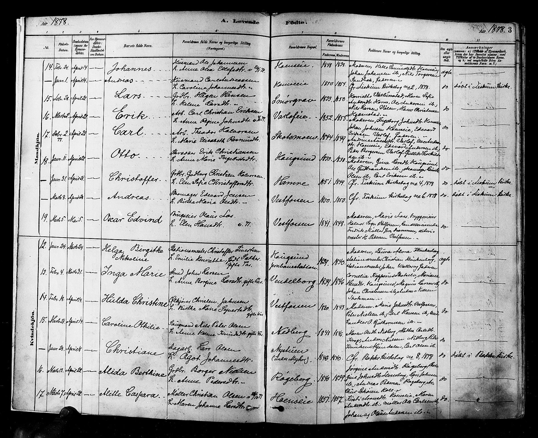 Eiker kirkebøker, AV/SAKO-A-4/F/Fb/L0001: Parish register (official) no. II 1, 1878-1888, p. 3