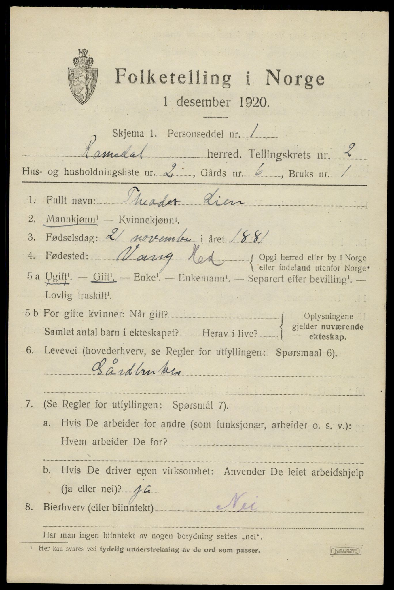 SAH, 1920 census for Romedal, 1920, p. 3151