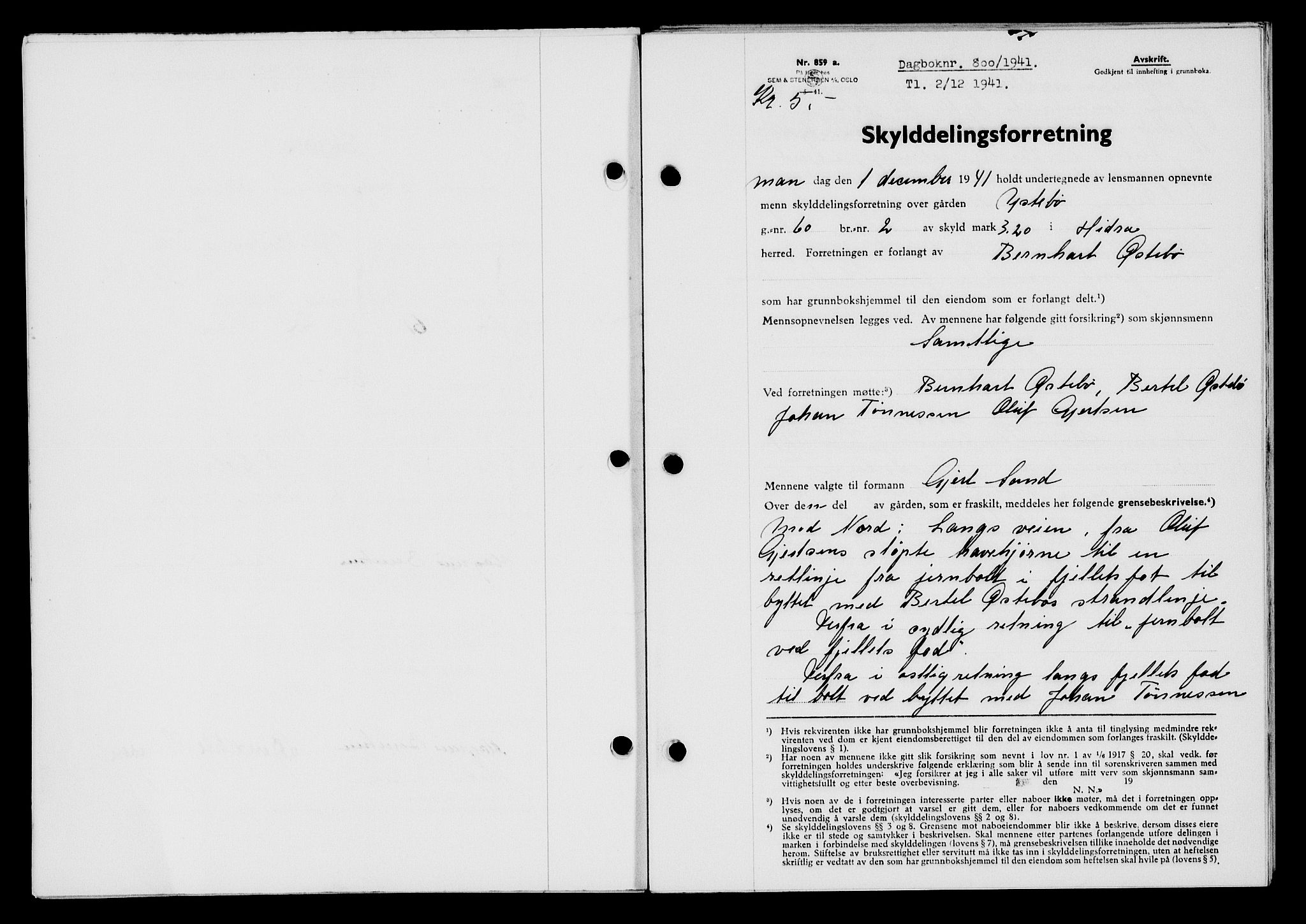 Flekkefjord sorenskriveri, SAK/1221-0001/G/Gb/Gba/L0057: Mortgage book no. A-5, 1941-1942, Diary no: : 800/1941