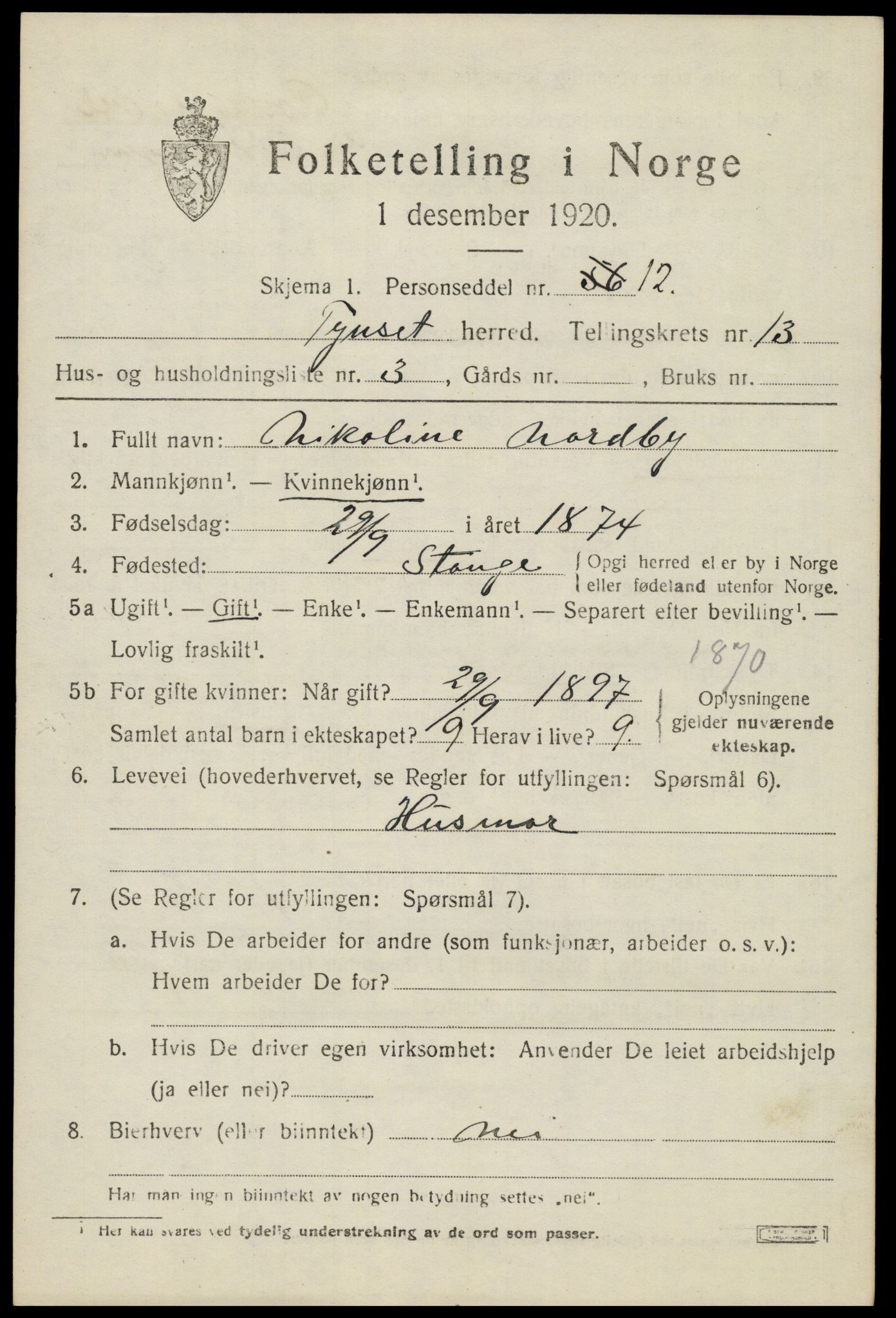 SAH, 1920 census for Tynset, 1920, p. 8610