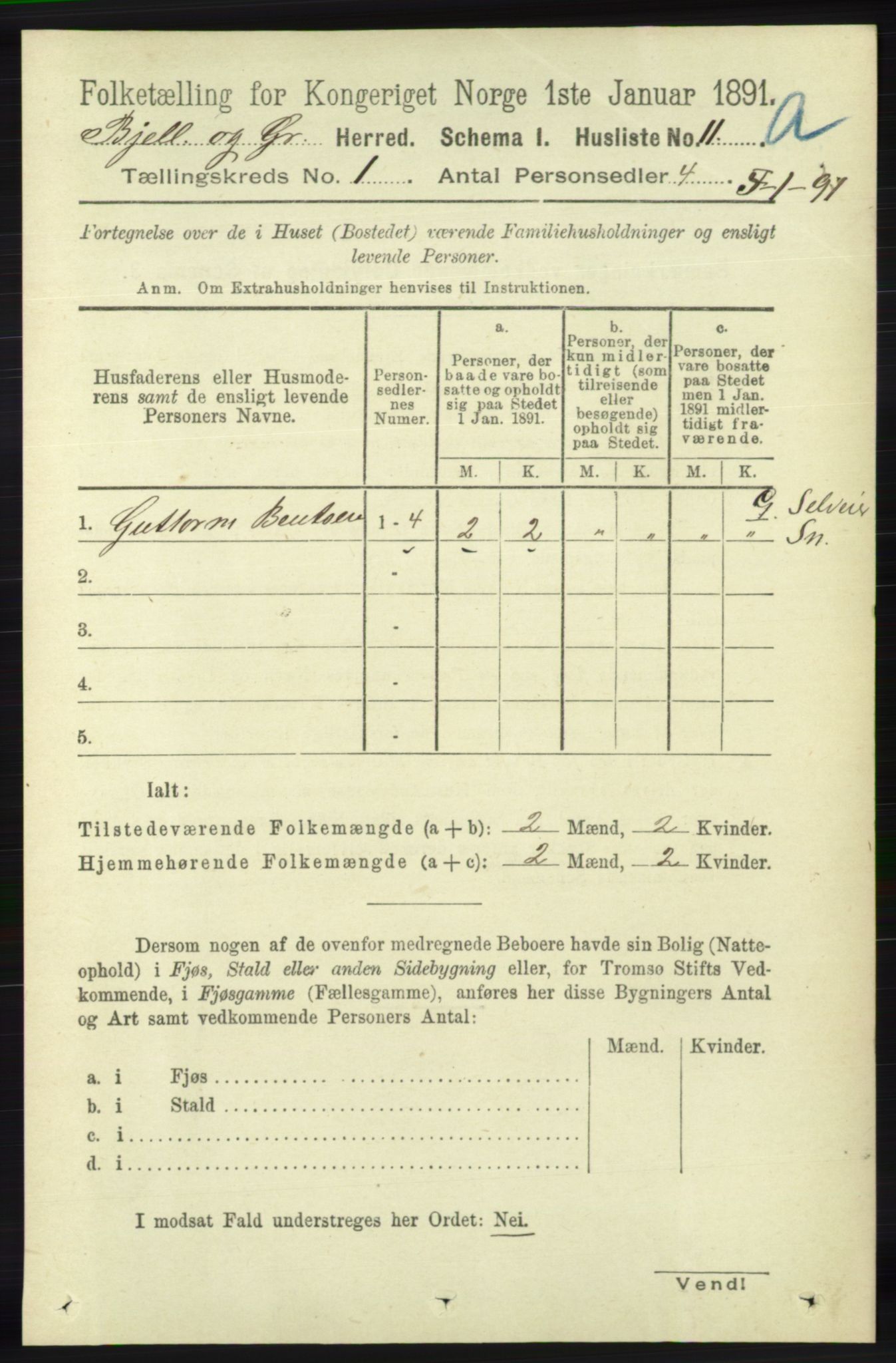 RA, 1891 census for 1024 Bjelland og Grindheim, 1891, p. 33