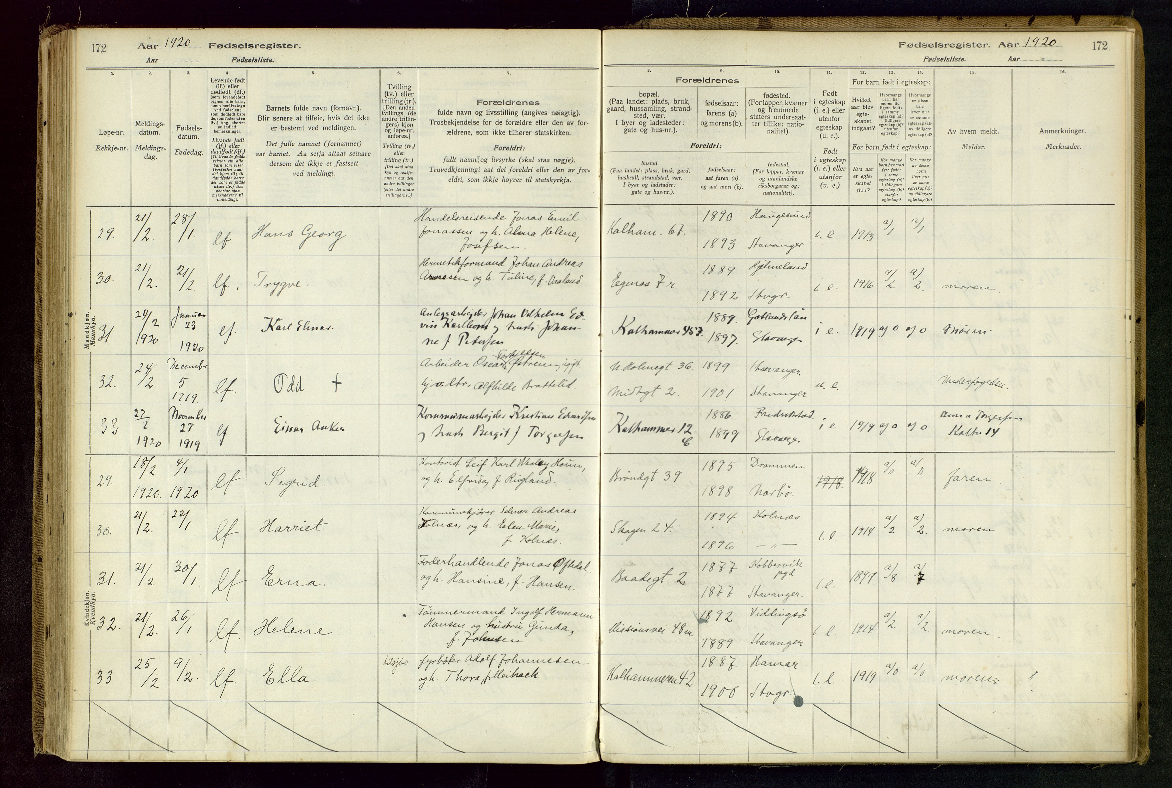 Domkirken sokneprestkontor, AV/SAST-A-101812/002/B/L0001: Birth register no. 1, 1916-1920, p. 172