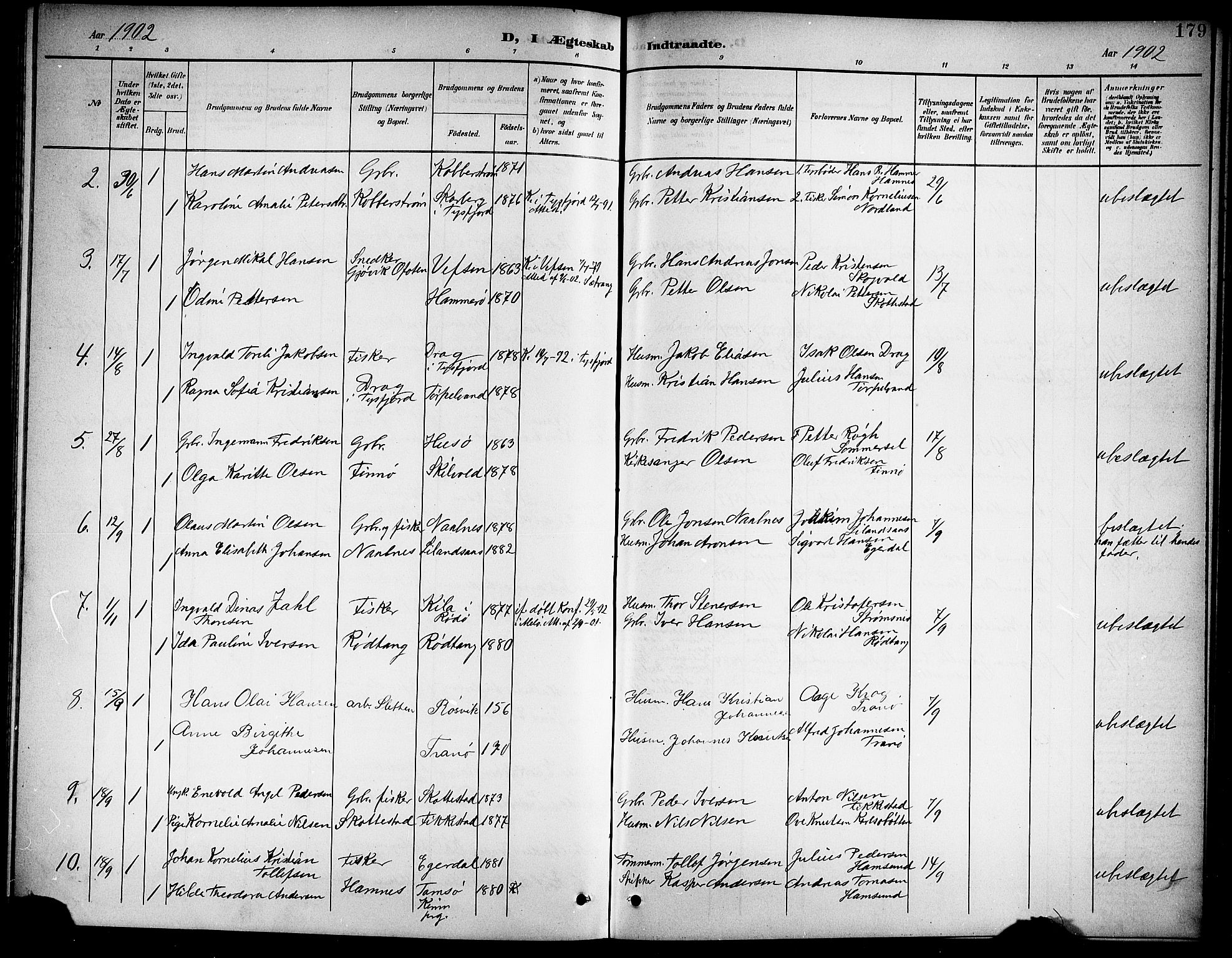 Ministerialprotokoller, klokkerbøker og fødselsregistre - Nordland, AV/SAT-A-1459/859/L0860: Parish register (copy) no. 859C06, 1899-1909, p. 179