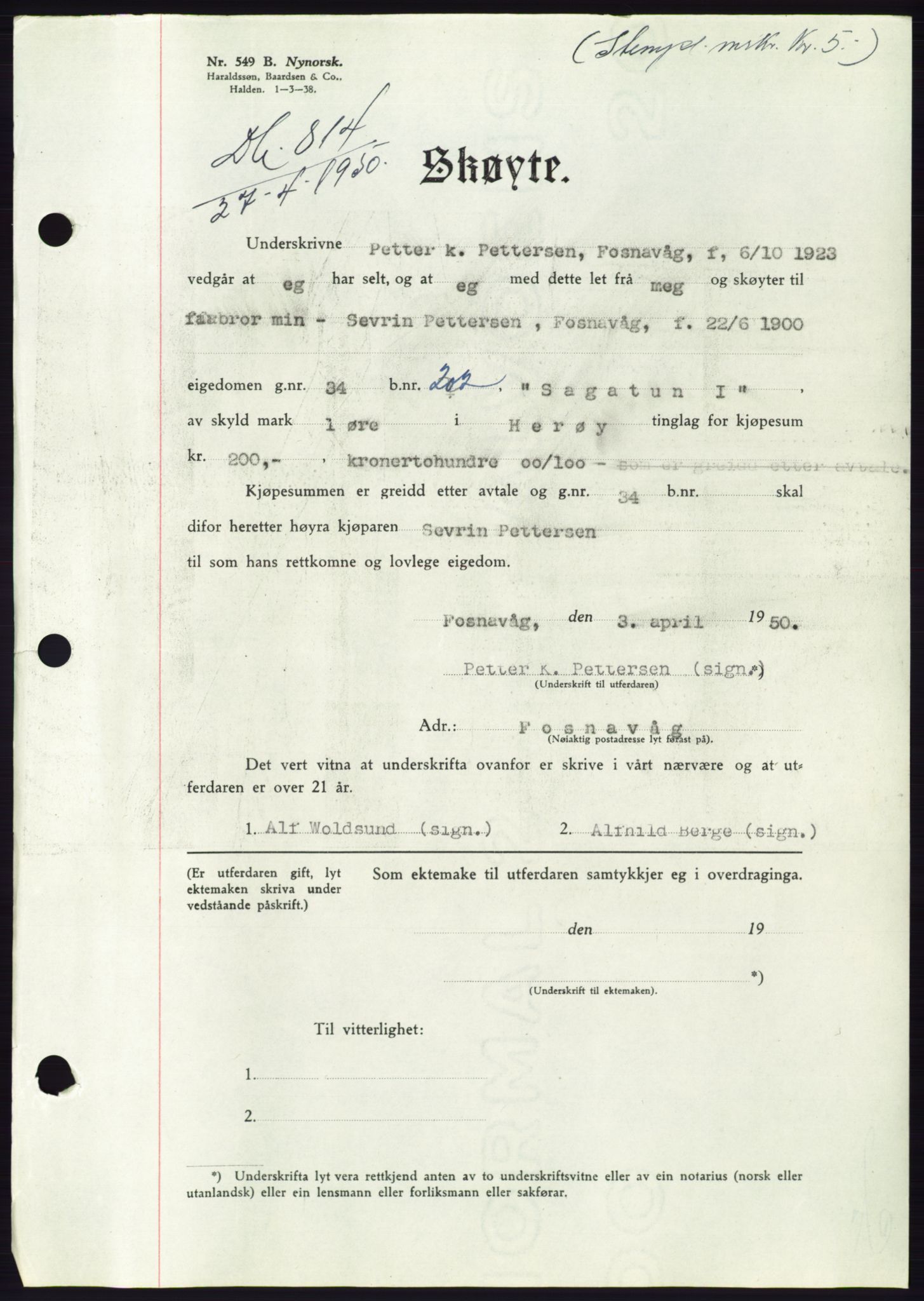 Søre Sunnmøre sorenskriveri, AV/SAT-A-4122/1/2/2C/L0086: Mortgage book no. 12A, 1949-1950, Diary no: : 814/1950