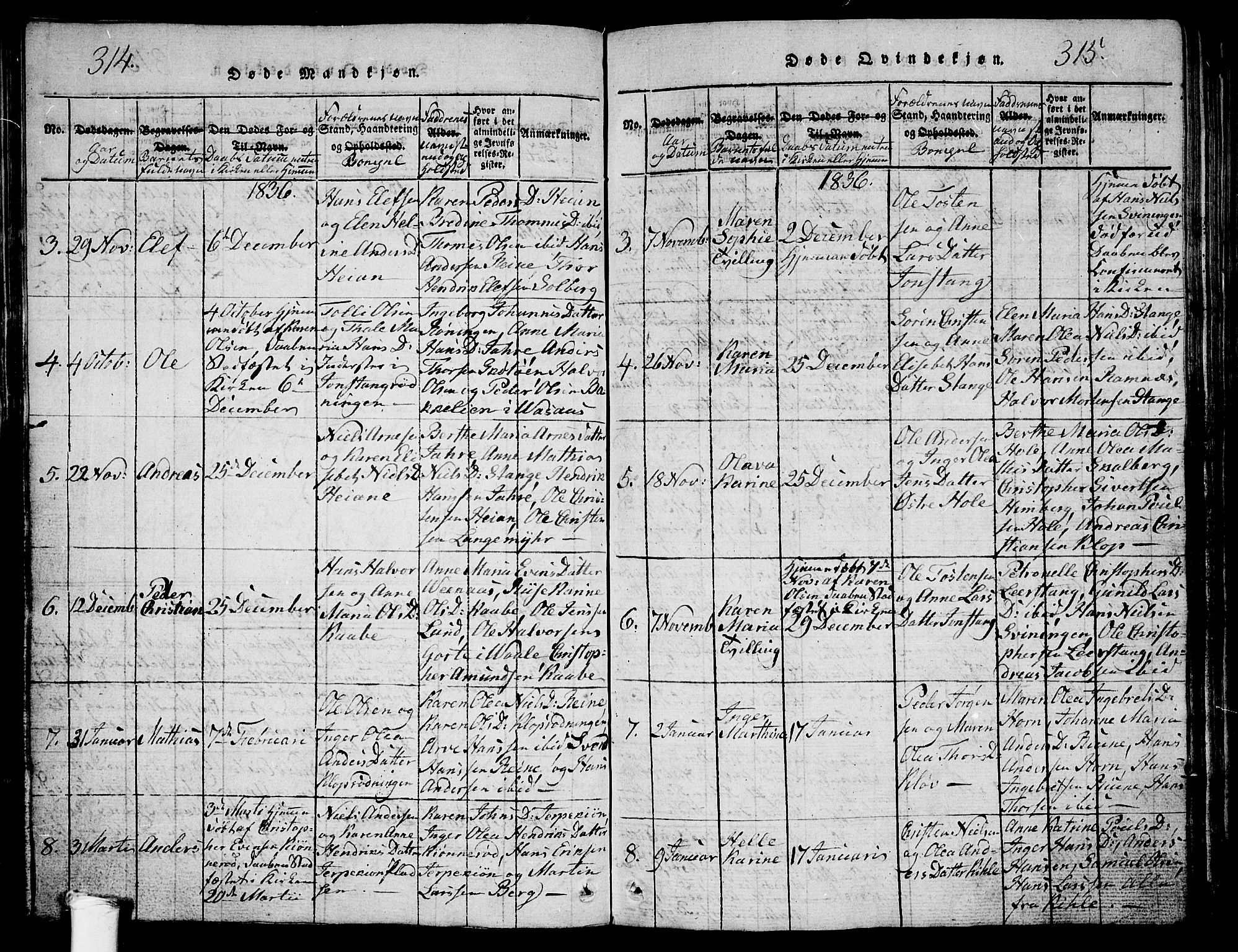 Ramnes kirkebøker, SAKO/A-314/G/Ga/L0001: Parish register (copy) no. I 1, 1813-1847, p. 314-315