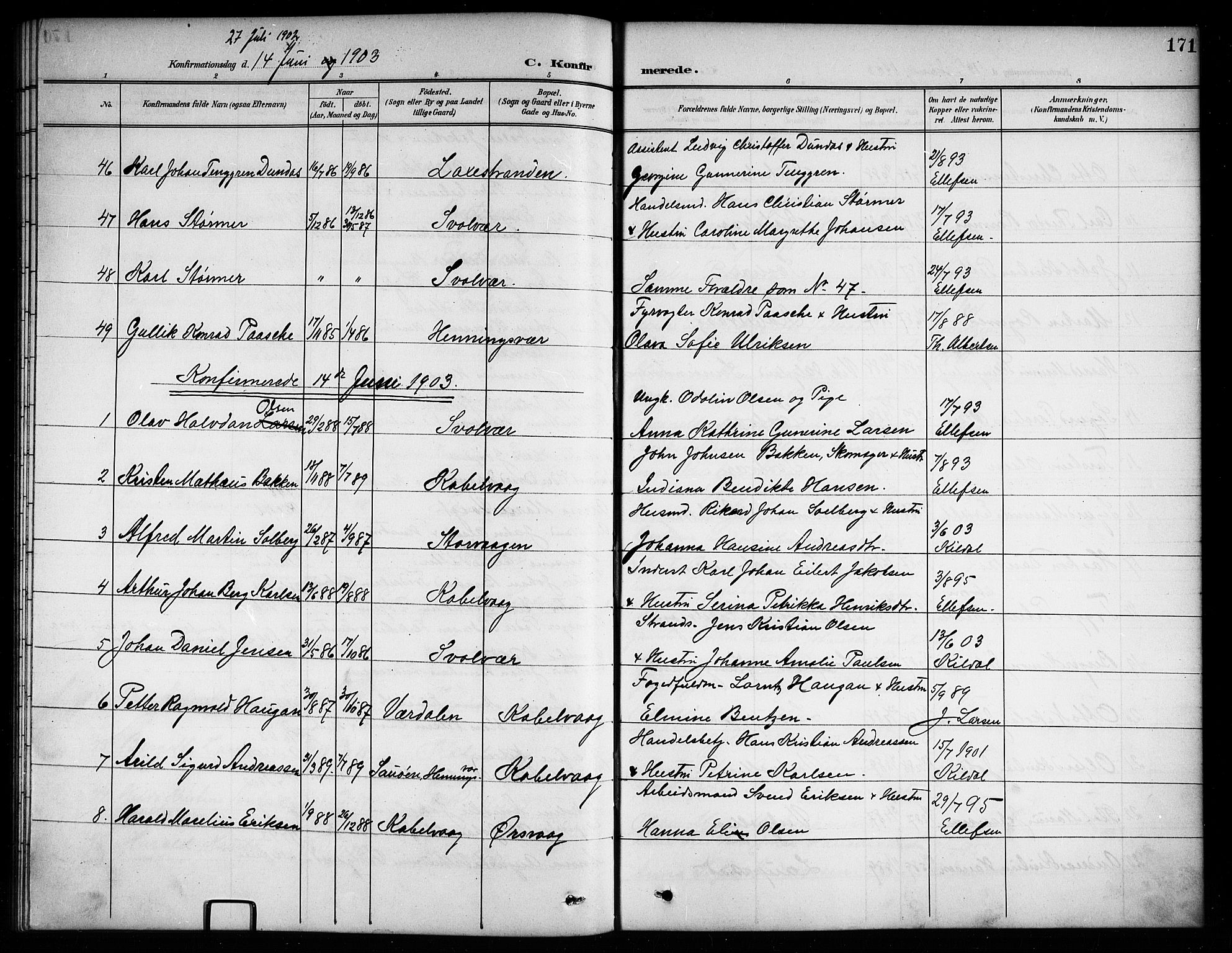 Ministerialprotokoller, klokkerbøker og fødselsregistre - Nordland, SAT/A-1459/874/L1078: Parish register (copy) no. 874C07, 1900-1907, p. 171