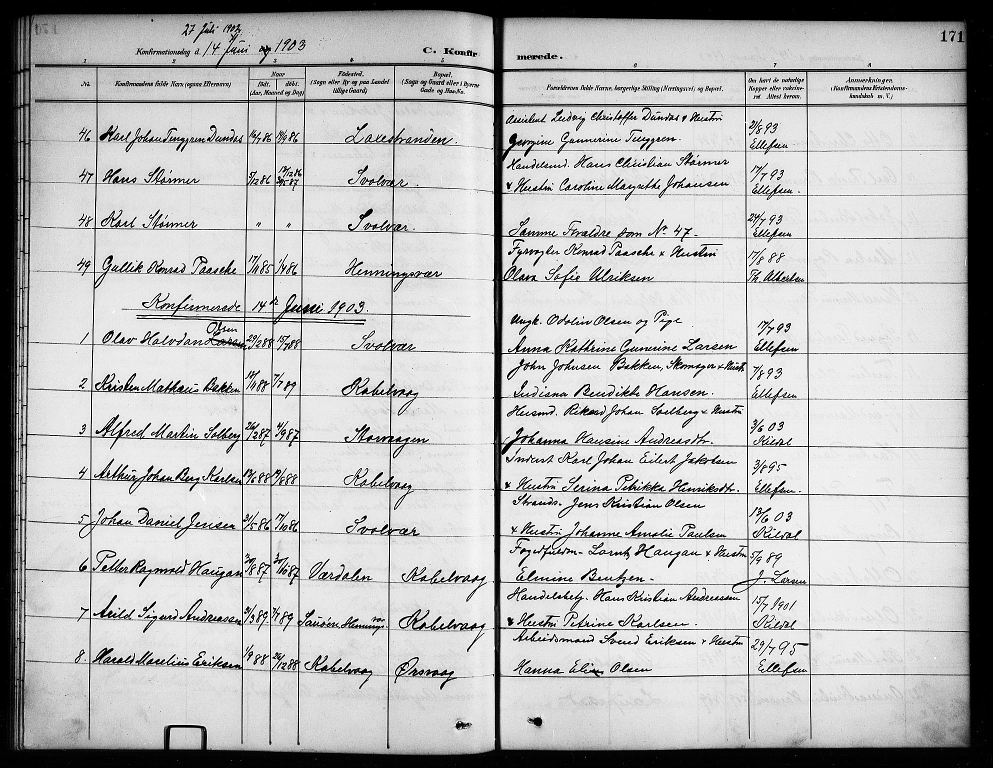 Ministerialprotokoller, klokkerbøker og fødselsregistre - Nordland, AV/SAT-A-1459/874/L1078: Parish register (copy) no. 874C07, 1900-1907, p. 171