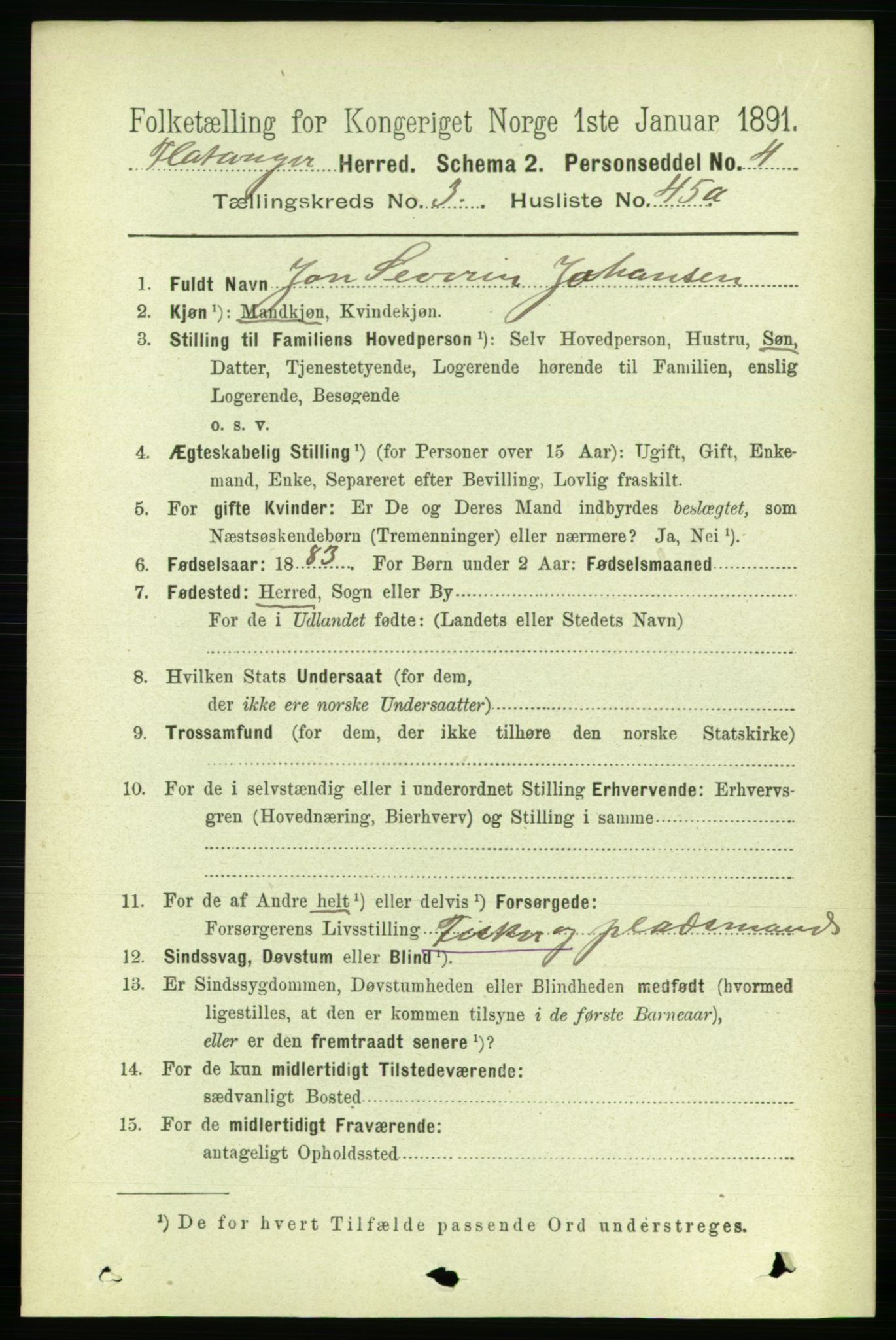 RA, 1891 census for 1749 Flatanger, 1891, p. 1689