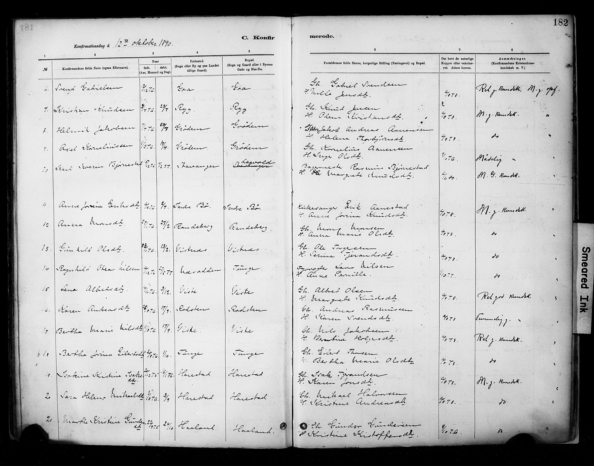 Hetland sokneprestkontor, SAST/A-101826/30/30BA/L0009: Parish register (official) no. A 9, 1882-1918, p. 182