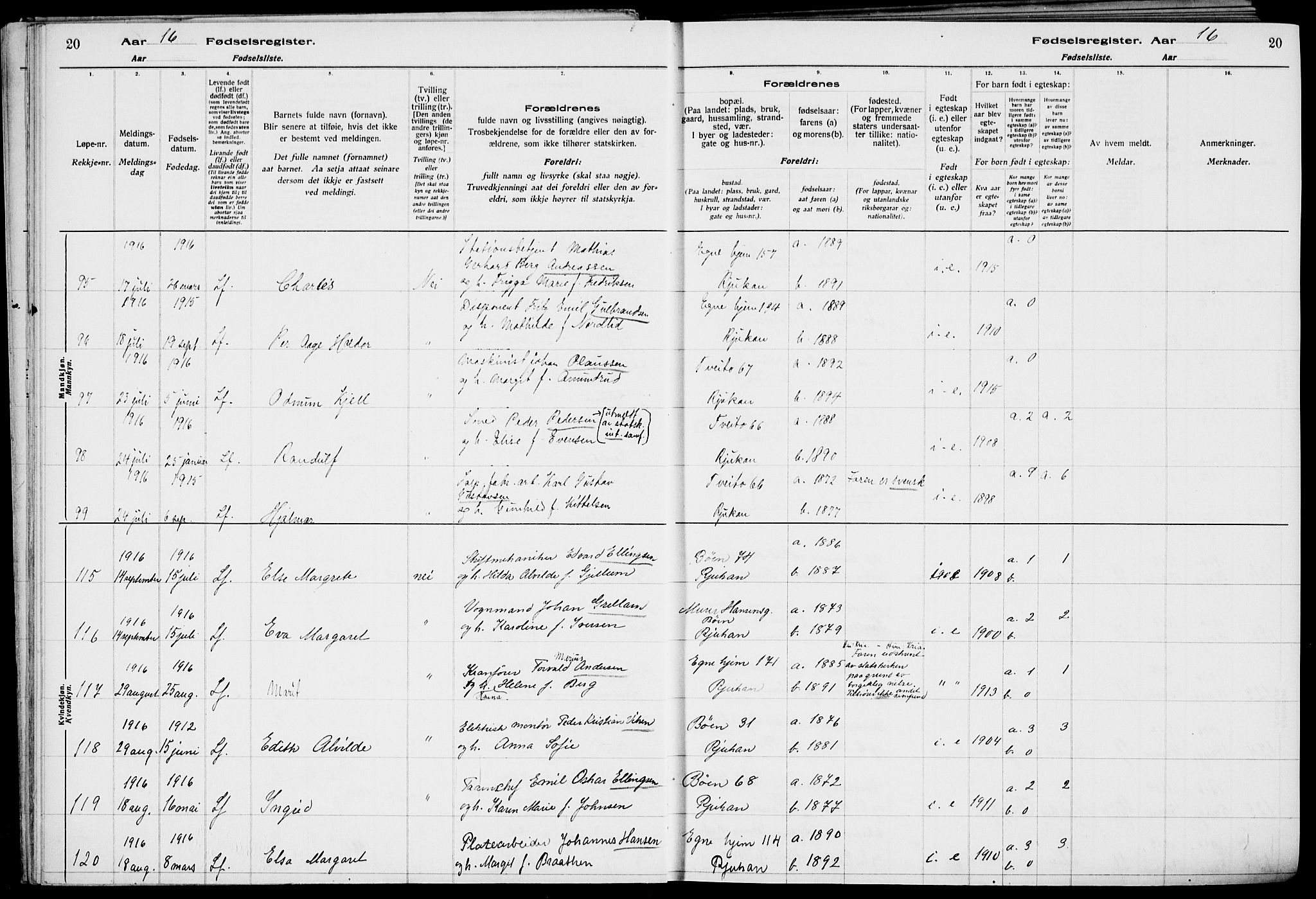 Rjukan kirkebøker, AV/SAKO-A-294/J/Ja/L0001: Birth register no. 1, 1916-1922, p. 20