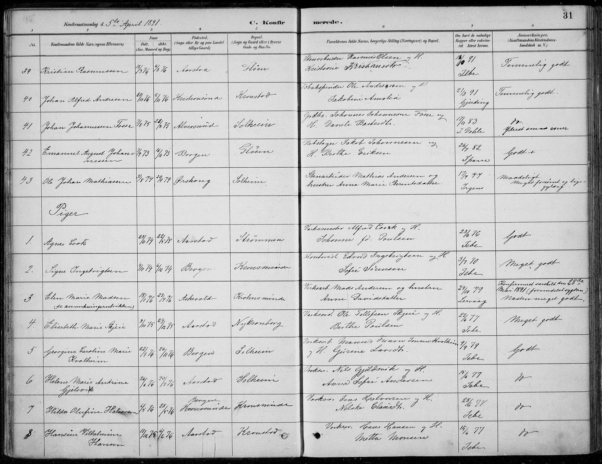 Årstad Sokneprestembete, AV/SAB-A-79301/H/Haa/L0006: Parish register (official) no. B 1, 1886-1901, p. 31