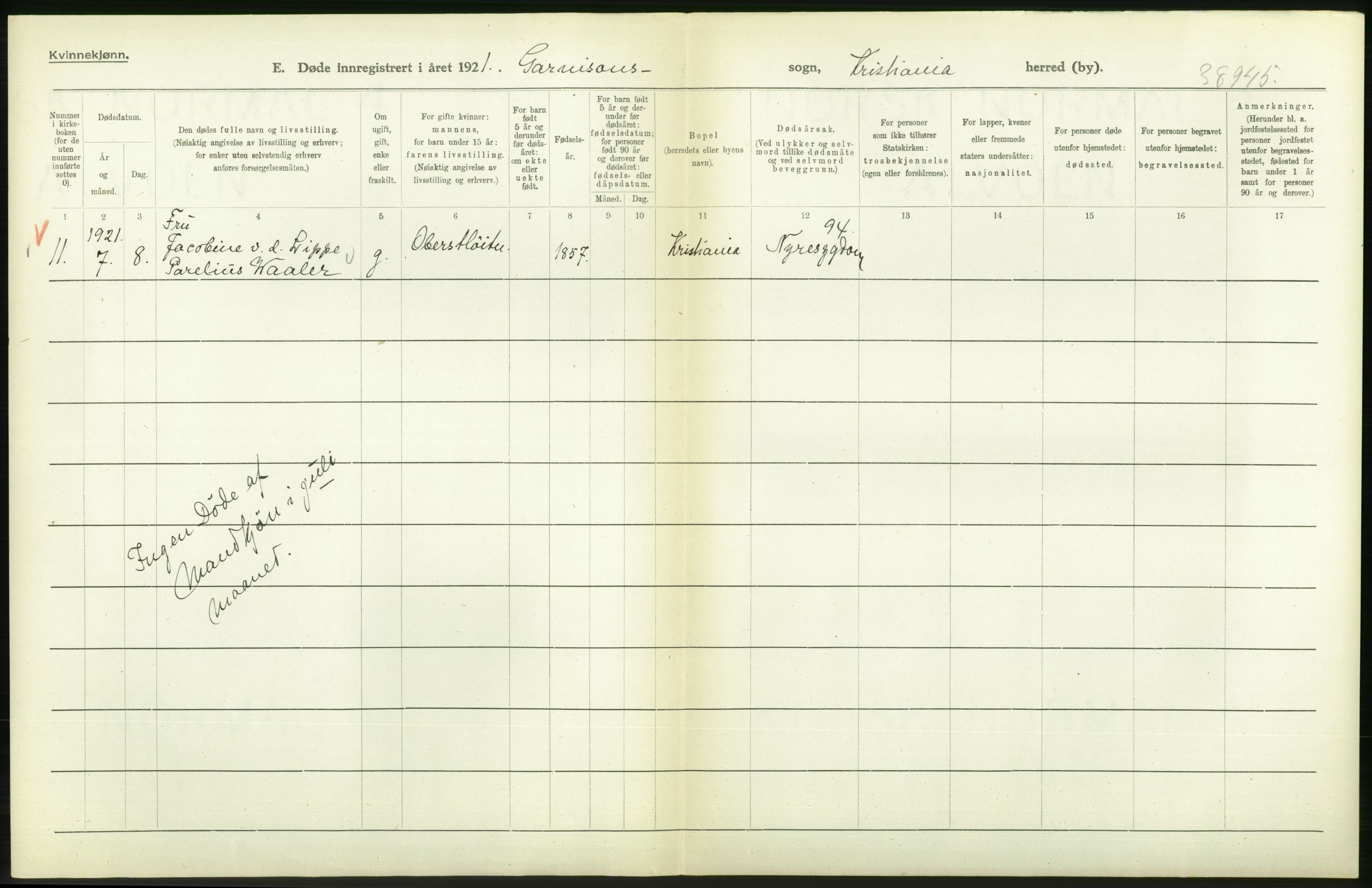 Statistisk sentralbyrå, Sosiodemografiske emner, Befolkning, AV/RA-S-2228/D/Df/Dfc/Dfca/L0013: Kristiania: Døde, dødfødte, 1921, p. 184