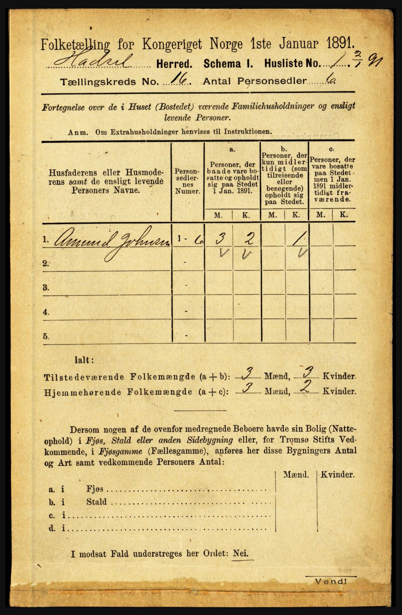 RA, 1891 census for 1866 Hadsel, 1891, p. 7206