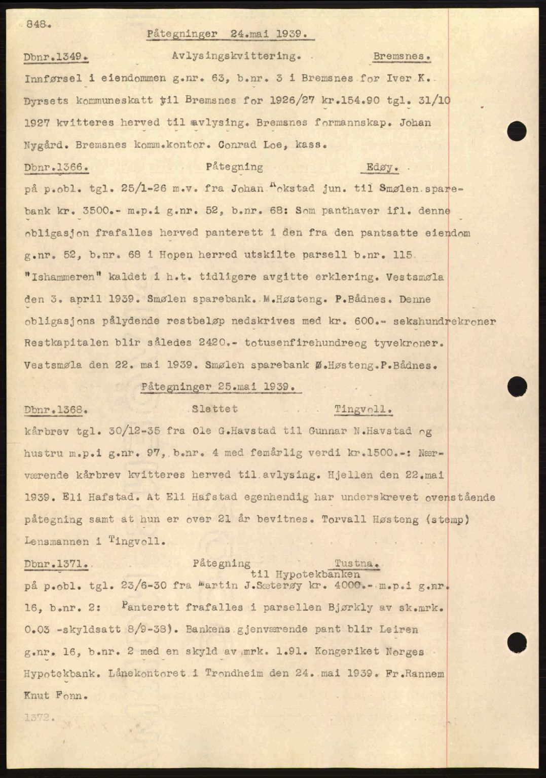 Nordmøre sorenskriveri, AV/SAT-A-4132/1/2/2Ca: Mortgage book no. C80, 1936-1939, Diary no: : 1349/1939