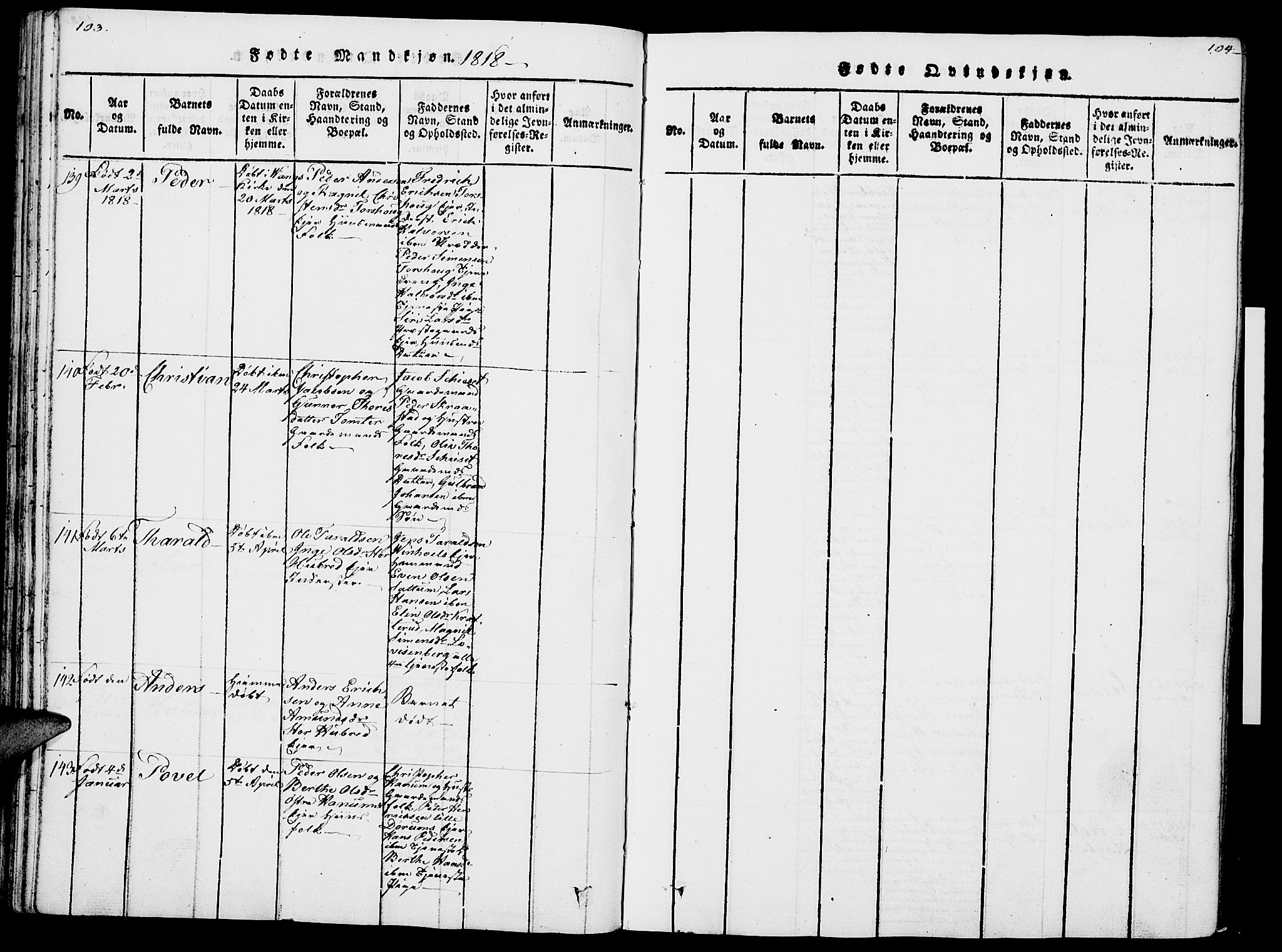 Vang prestekontor, Hedmark, AV/SAH-PREST-008/H/Ha/Haa/L0007: Parish register (official) no. 7, 1813-1826, p. 103-104