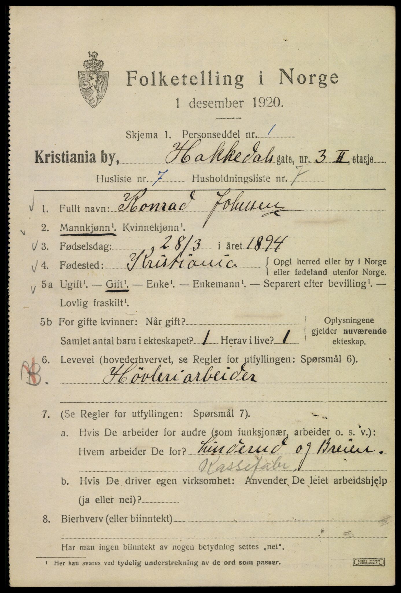 SAO, 1920 census for Kristiania, 1920, p. 267057