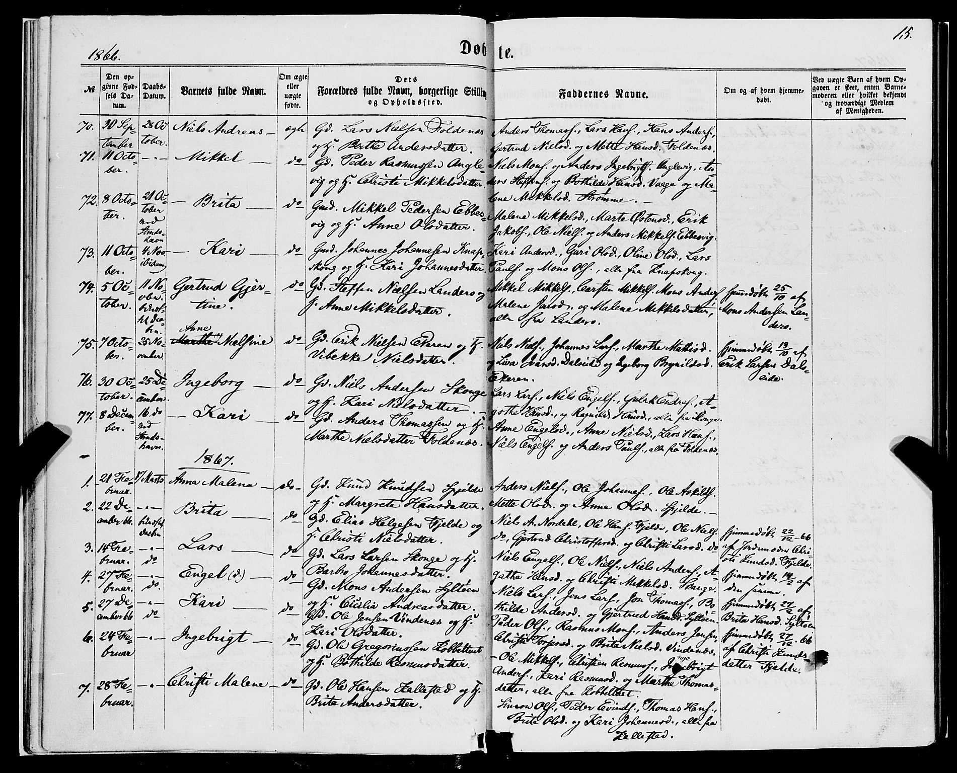 Fjell sokneprestembete, SAB/A-75301/H/Haa: Parish register (official) no. A 3, 1864-1877, p. 15