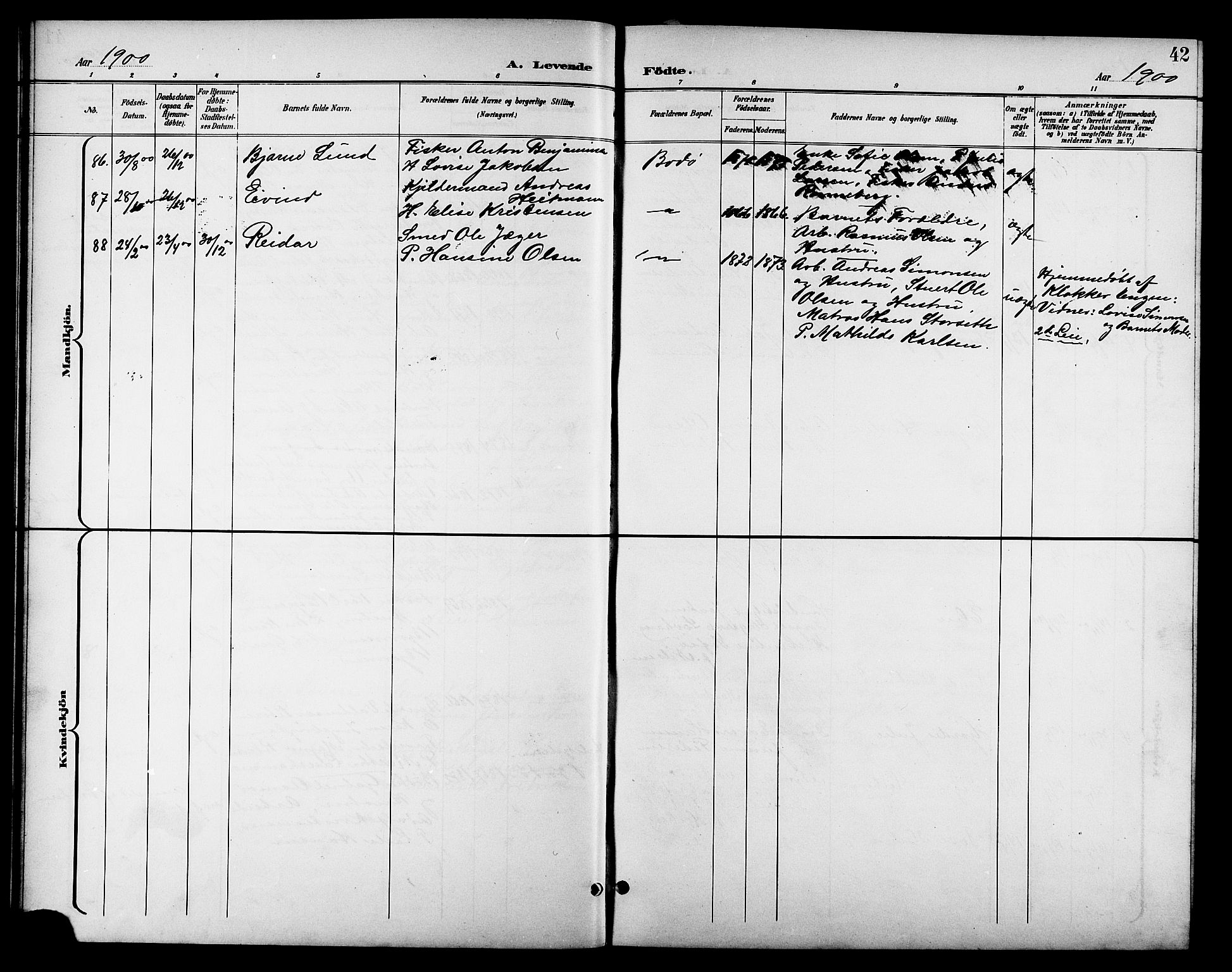 Ministerialprotokoller, klokkerbøker og fødselsregistre - Nordland, AV/SAT-A-1459/801/L0033: Parish register (copy) no. 801C08, 1898-1910, p. 42