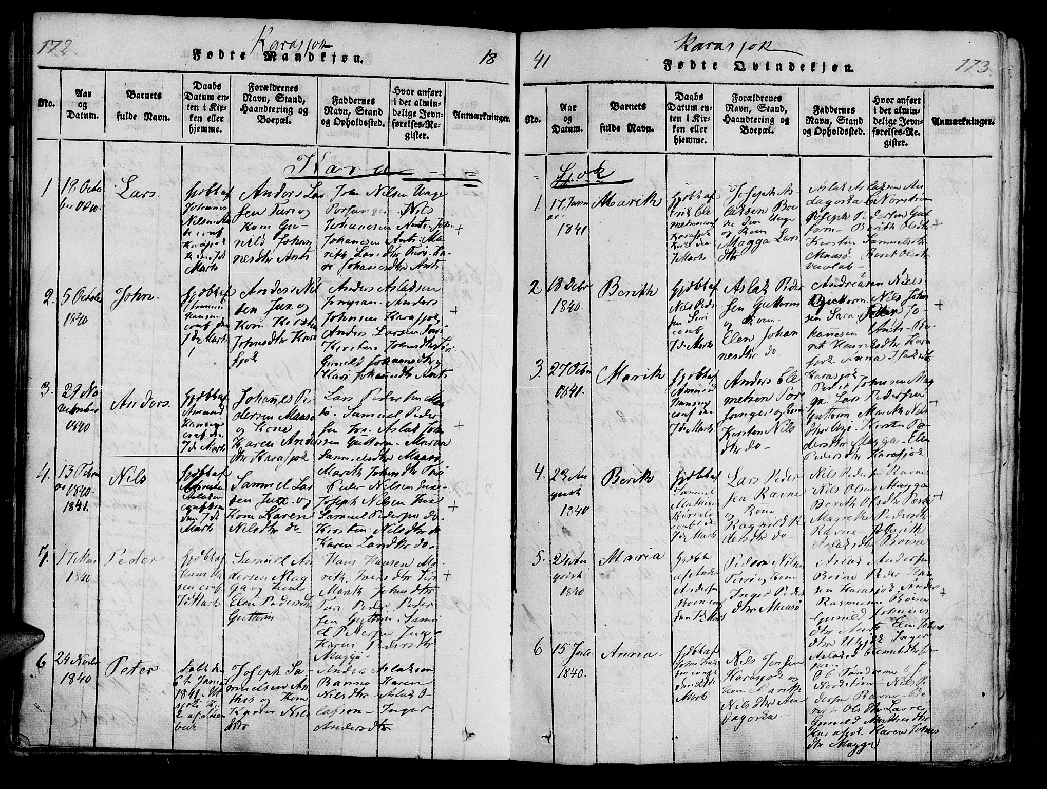 Kistrand/Porsanger sokneprestembete, AV/SATØ-S-1351/H/Ha/L0010.kirke: Parish register (official) no. 10, 1821-1842, p. 172-173