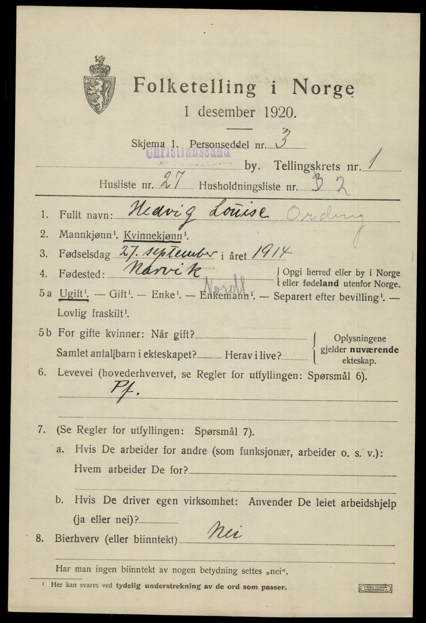 SAK, 1920 census for Kristiansand, 1920, p. 11567