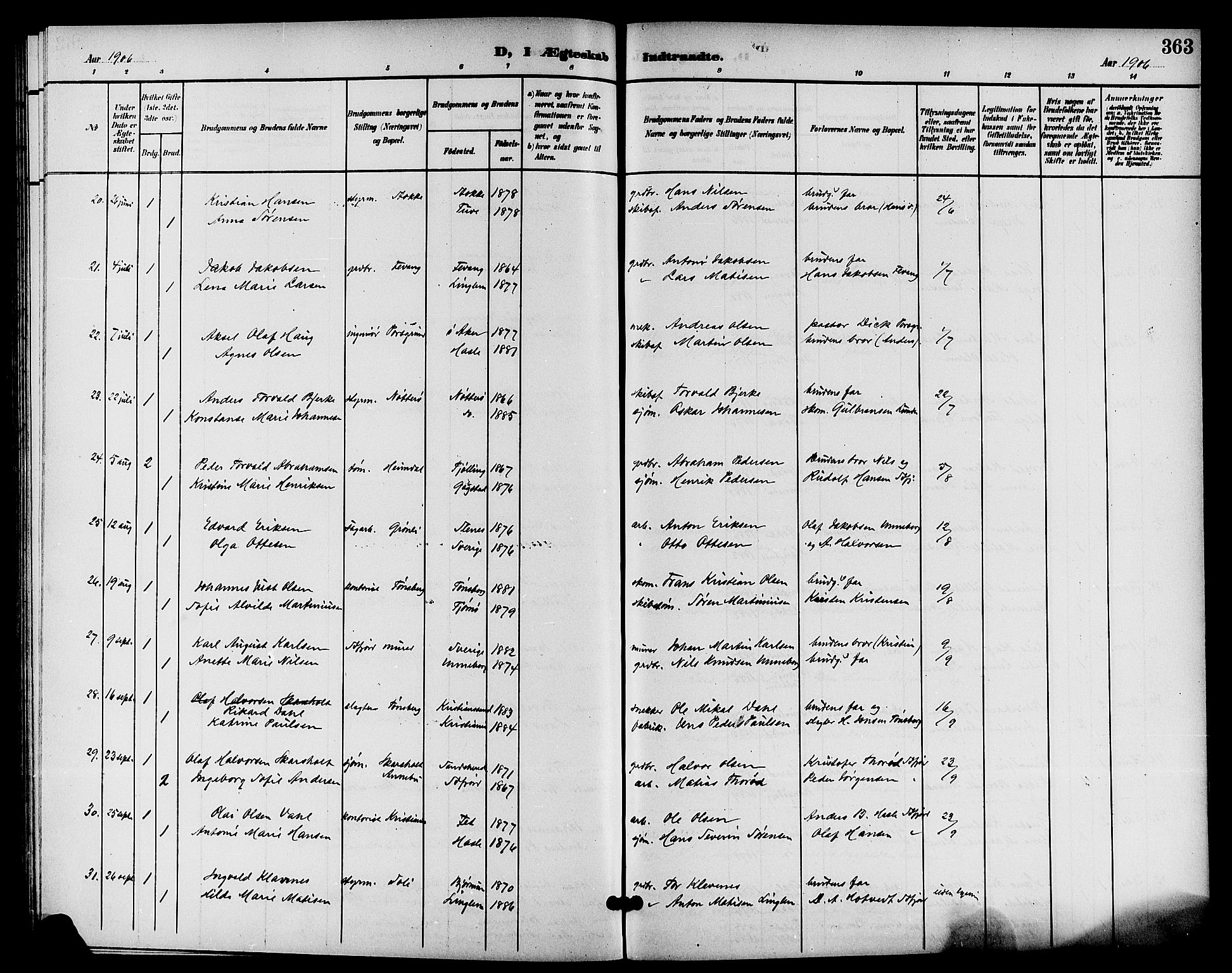 Sandar kirkebøker, AV/SAKO-A-243/G/Ga/L0002: Parish register (copy) no. 2, 1900-1915, p. 363