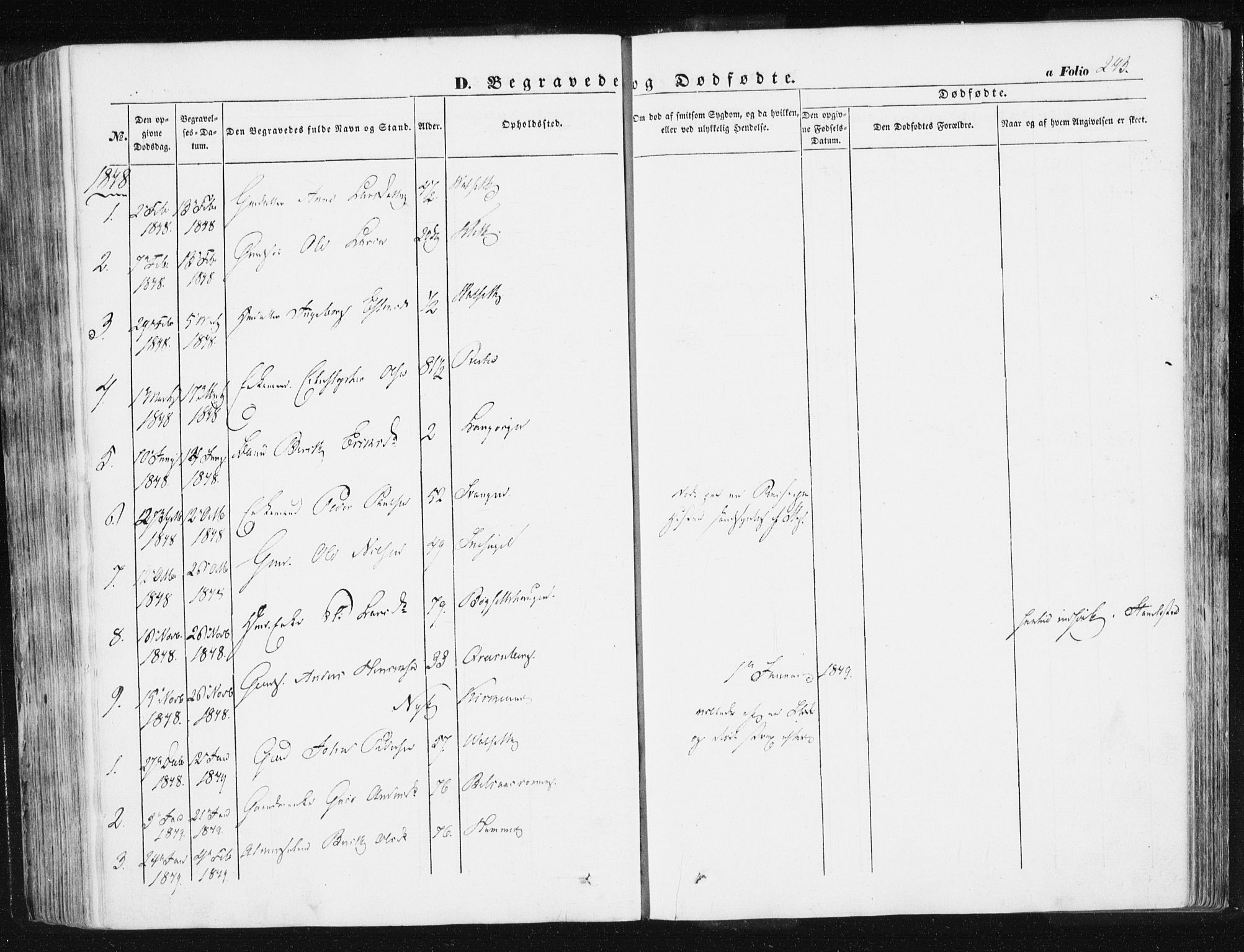 Ministerialprotokoller, klokkerbøker og fødselsregistre - Sør-Trøndelag, SAT/A-1456/612/L0376: Parish register (official) no. 612A08, 1846-1859, p. 243