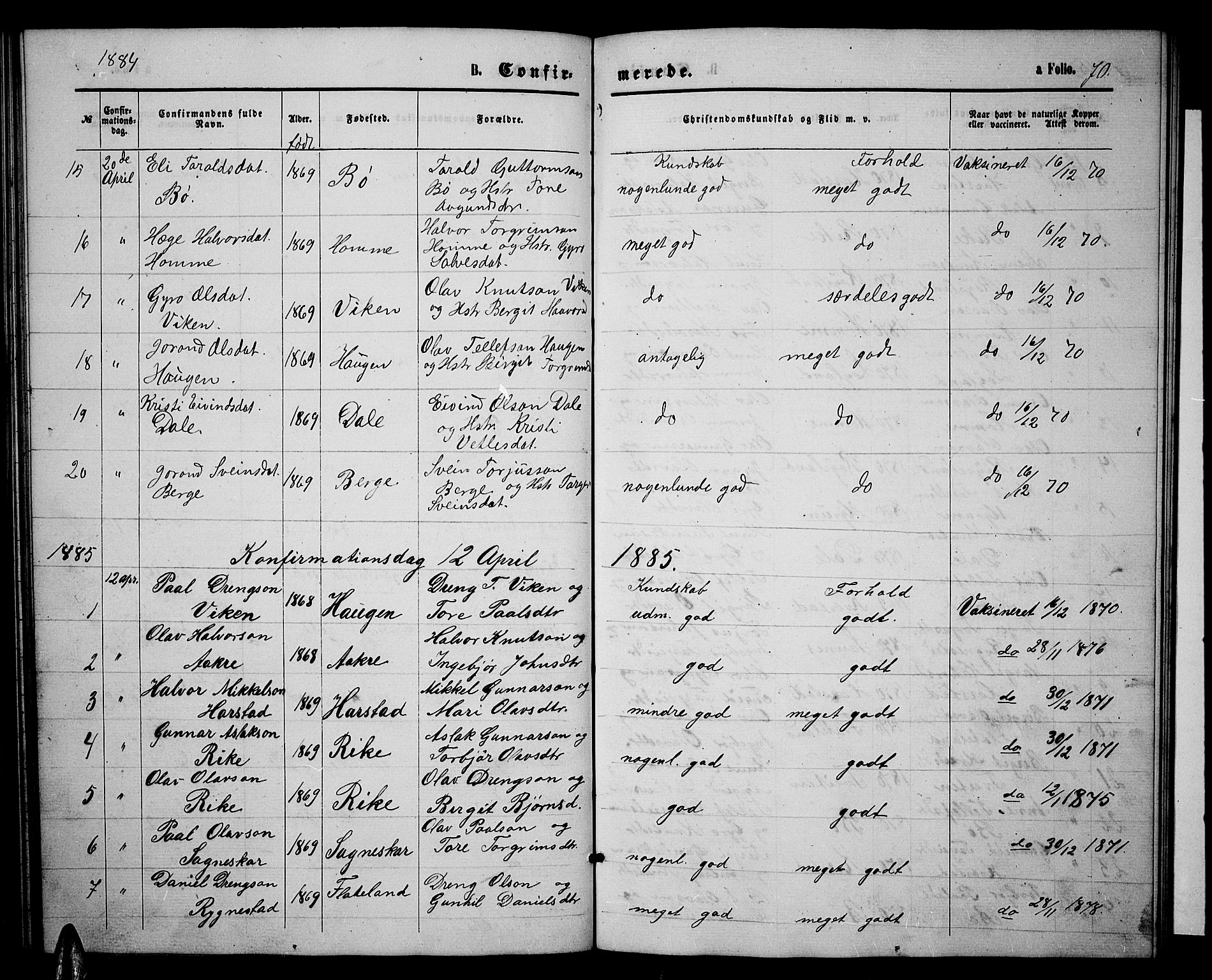 Valle sokneprestkontor, SAK/1111-0044/F/Fb/Fbc/L0003: Parish register (copy) no. B 3, 1871-1890, p. 70