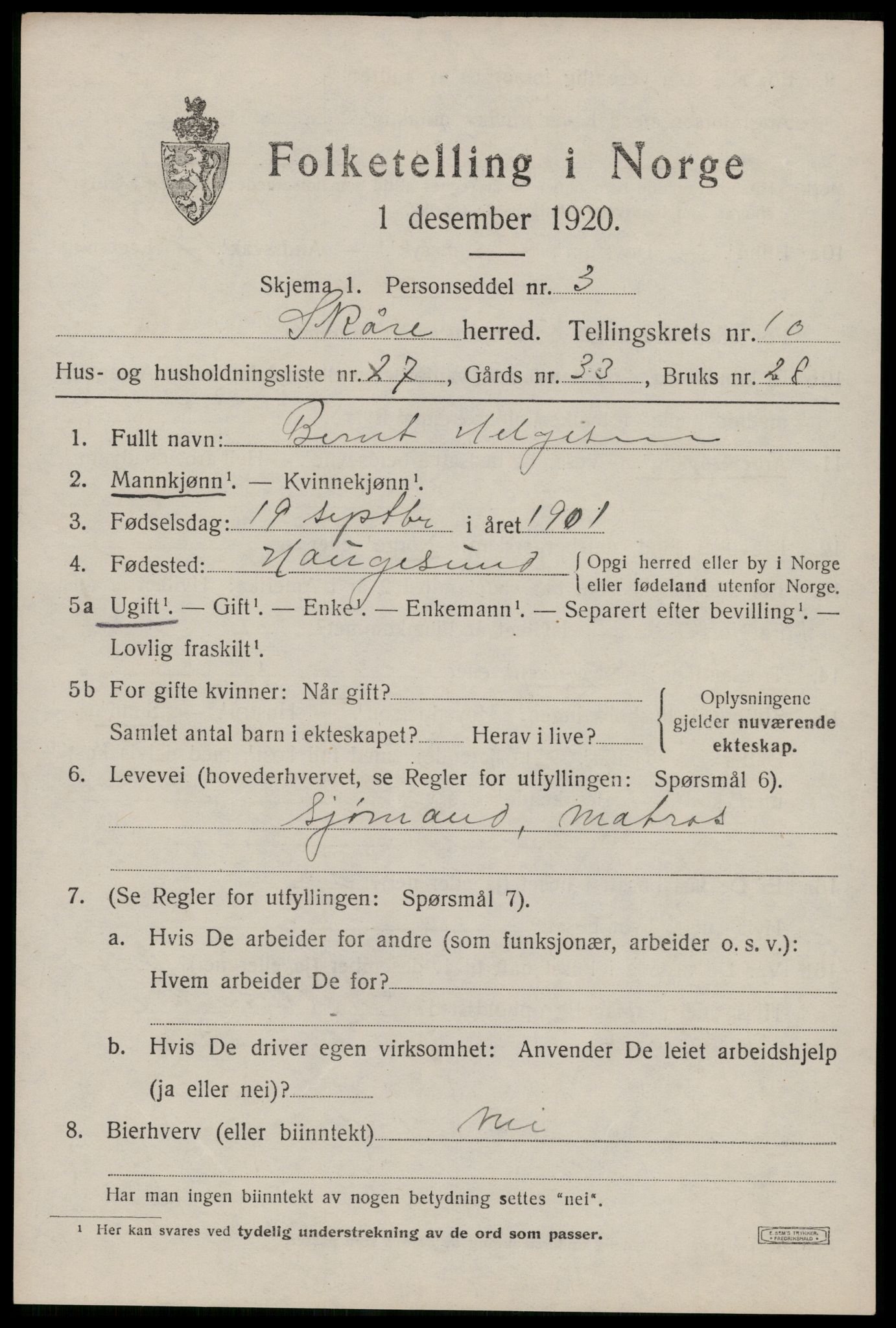 SAST, 1920 census for Skåre, 1920, p. 8202