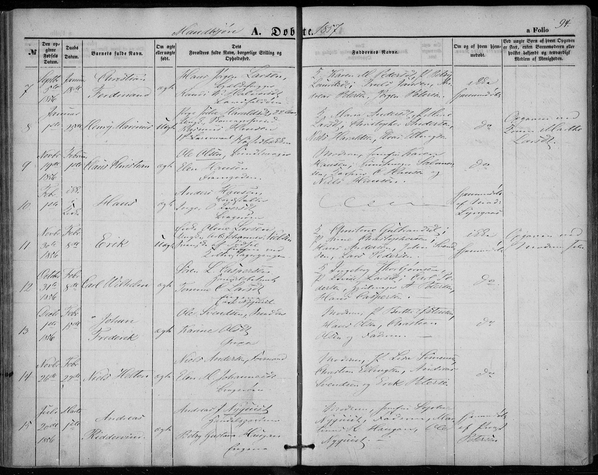 Bragernes kirkebøker, AV/SAKO-A-6/F/Fb/L0002: Parish register (official) no. II 2, 1848-1859, p. 94