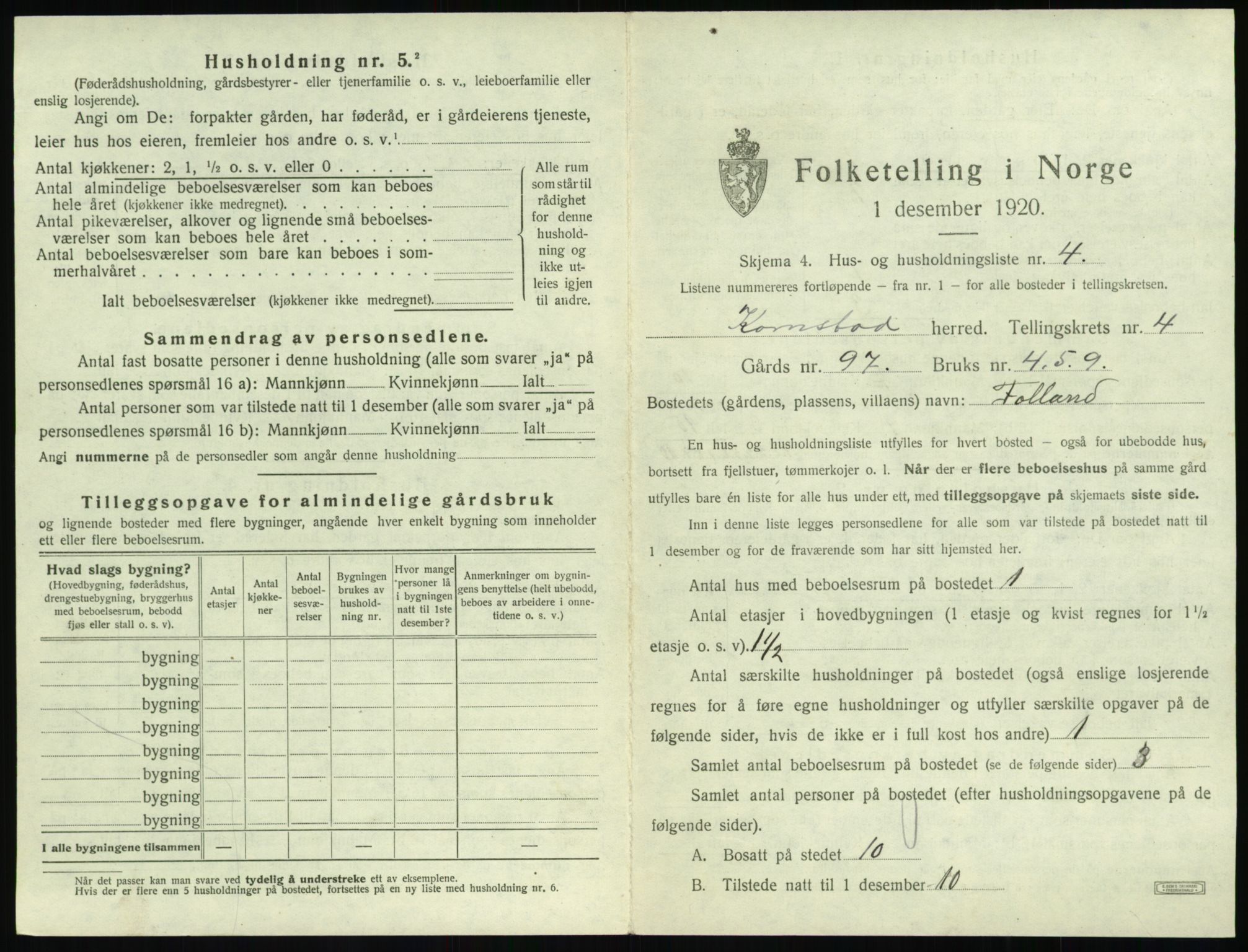 SAT, 1920 census for Kornstad, 1920, p. 325