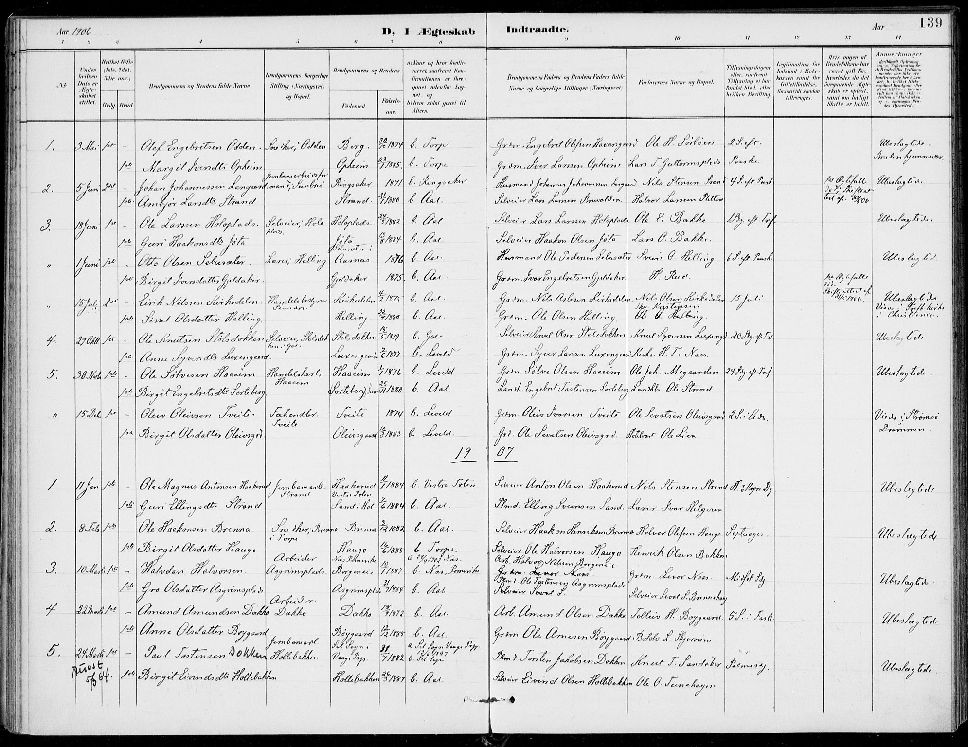 Ål kirkebøker, SAKO/A-249/F/Fa/L0009: Parish register (official) no. I 9, 1897-1915, p. 139