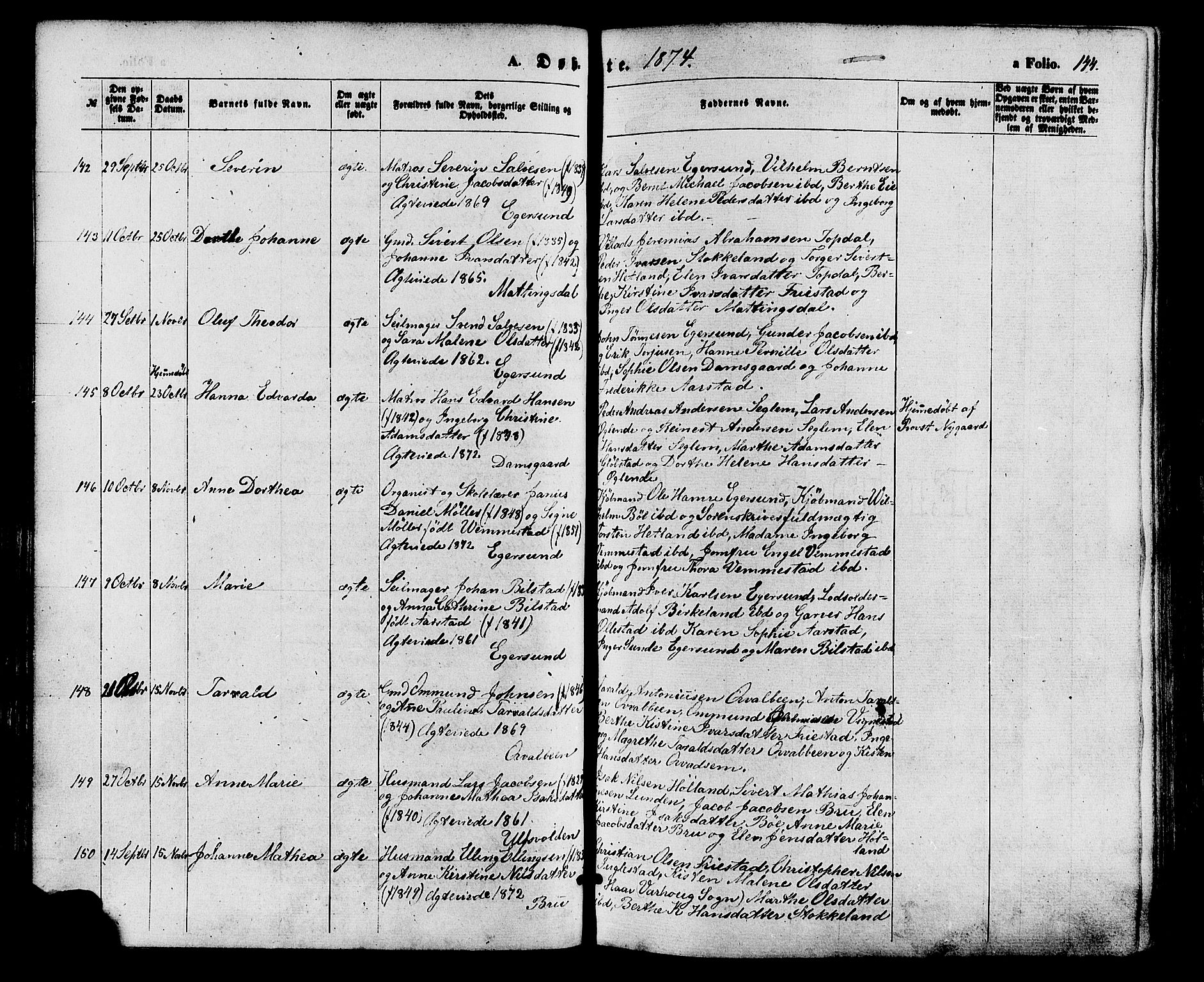 Eigersund sokneprestkontor, AV/SAST-A-101807/S08/L0014: Parish register (official) no. A 13, 1866-1878, p. 144