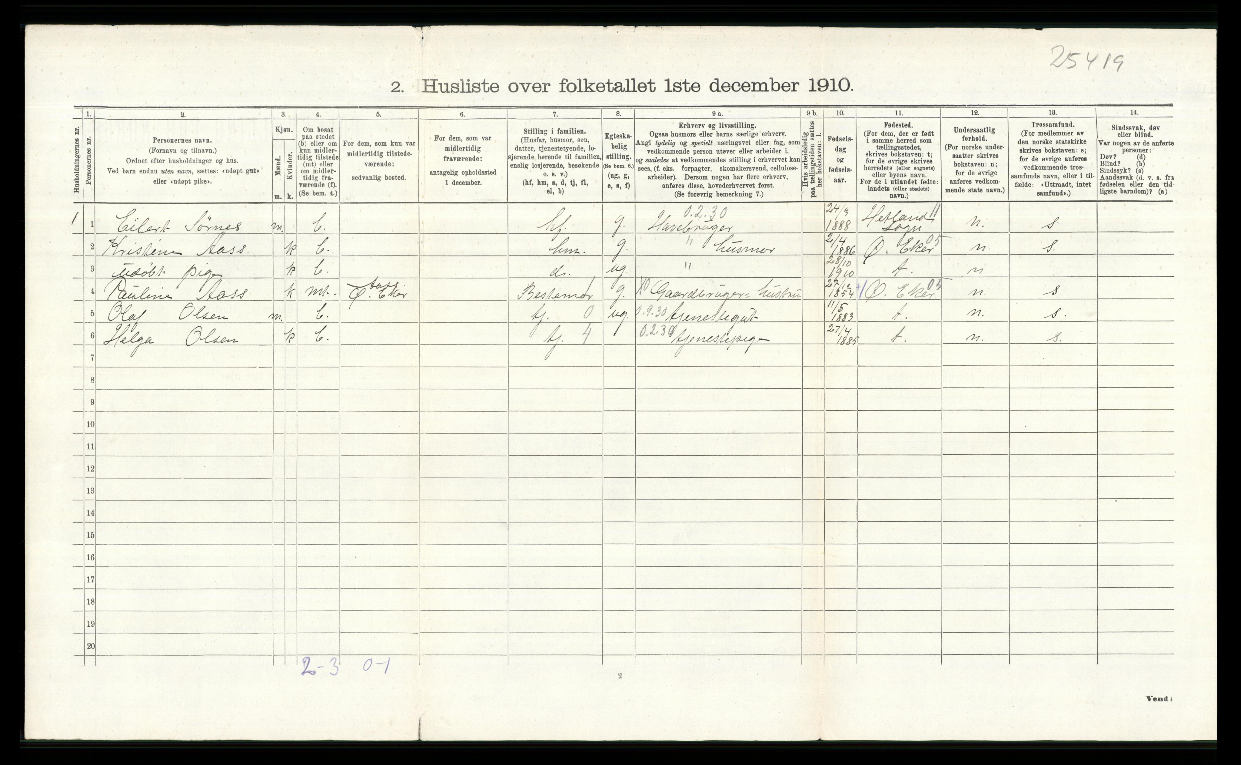 RA, 1910 census for Lier, 1910, p. 657