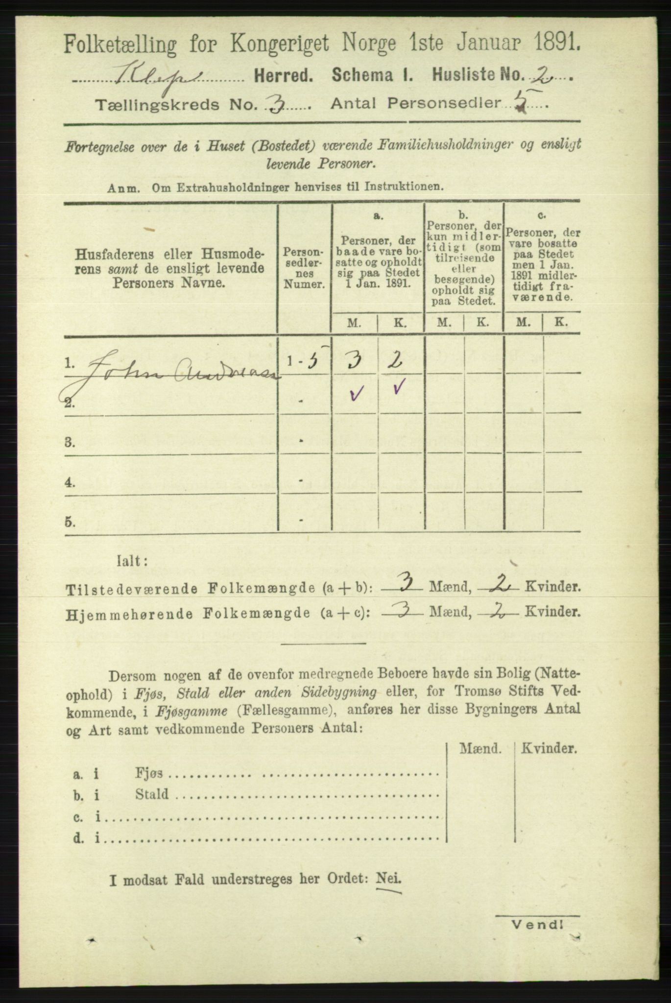 RA, 1891 census for 1120 Klepp, 1891, p. 592