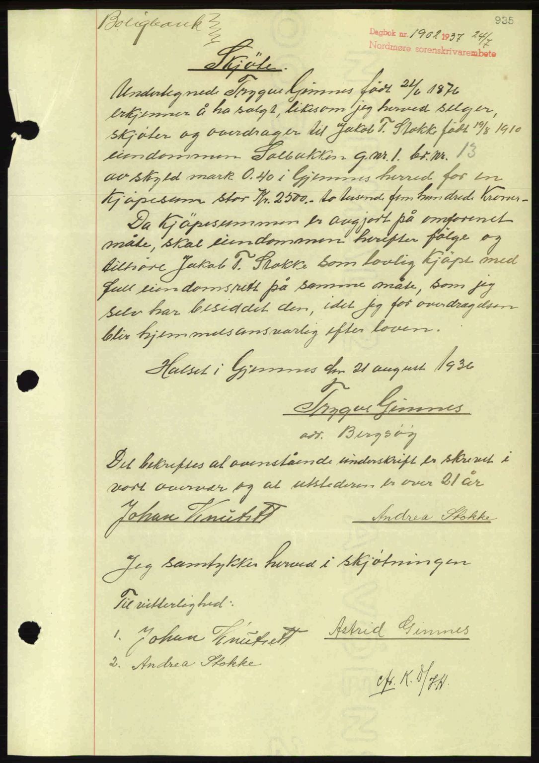 Nordmøre sorenskriveri, AV/SAT-A-4132/1/2/2Ca: Mortgage book no. A81, 1937-1937, Diary no: : 1902/1937