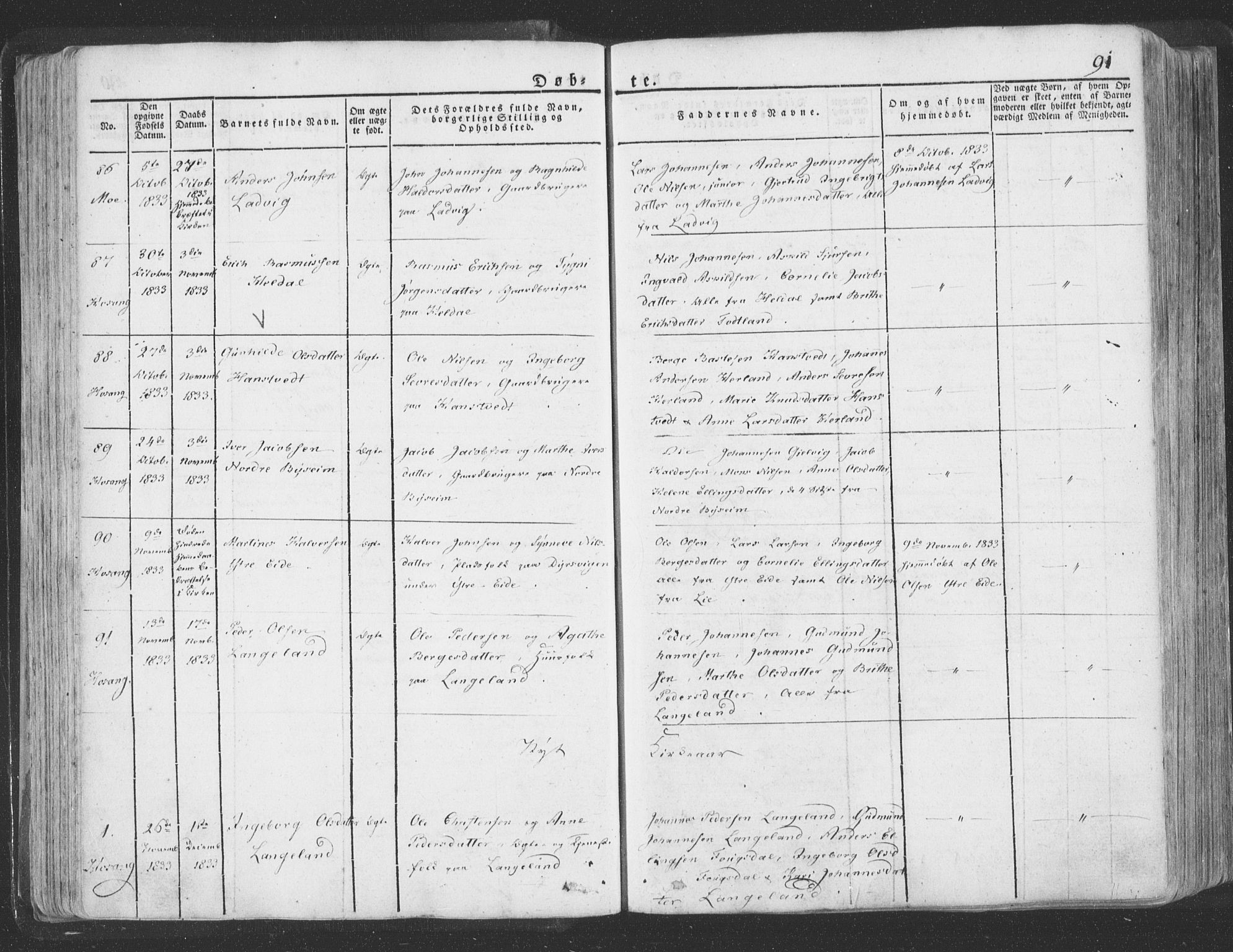 Hosanger sokneprestembete, AV/SAB-A-75801/H/Haa: Parish register (official) no. A 6, 1824-1835, p. 91