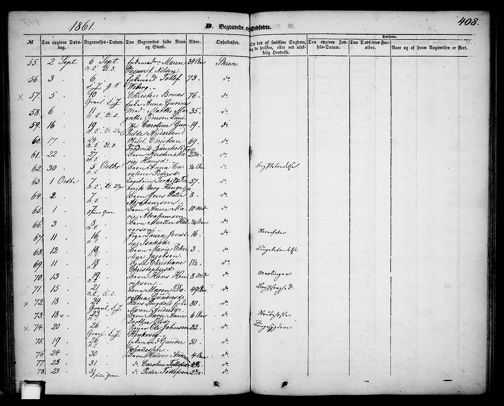 Skien kirkebøker, SAKO/A-302/G/Ga/L0004: Parish register (copy) no. 4, 1843-1867, p. 408