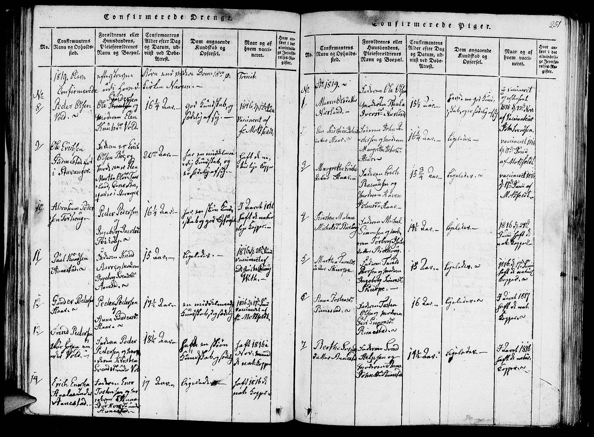 Hå sokneprestkontor, AV/SAST-A-101801/001/30BA/L0003: Parish register (official) no. A 3, 1815-1825, p. 251