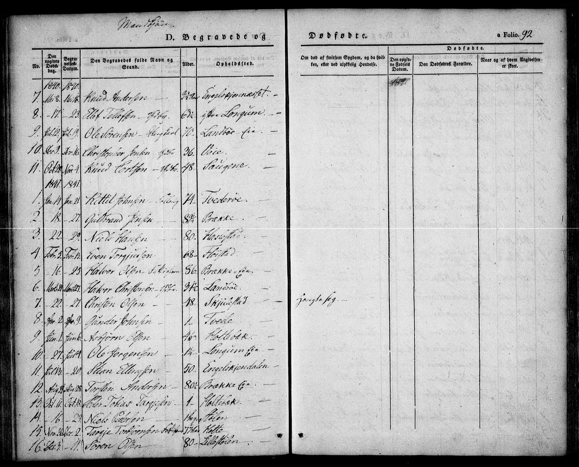 Austre Moland sokneprestkontor, SAK/1111-0001/F/Fa/Faa/L0006: Parish register (official) no. A 6, 1837-1846, p. 92