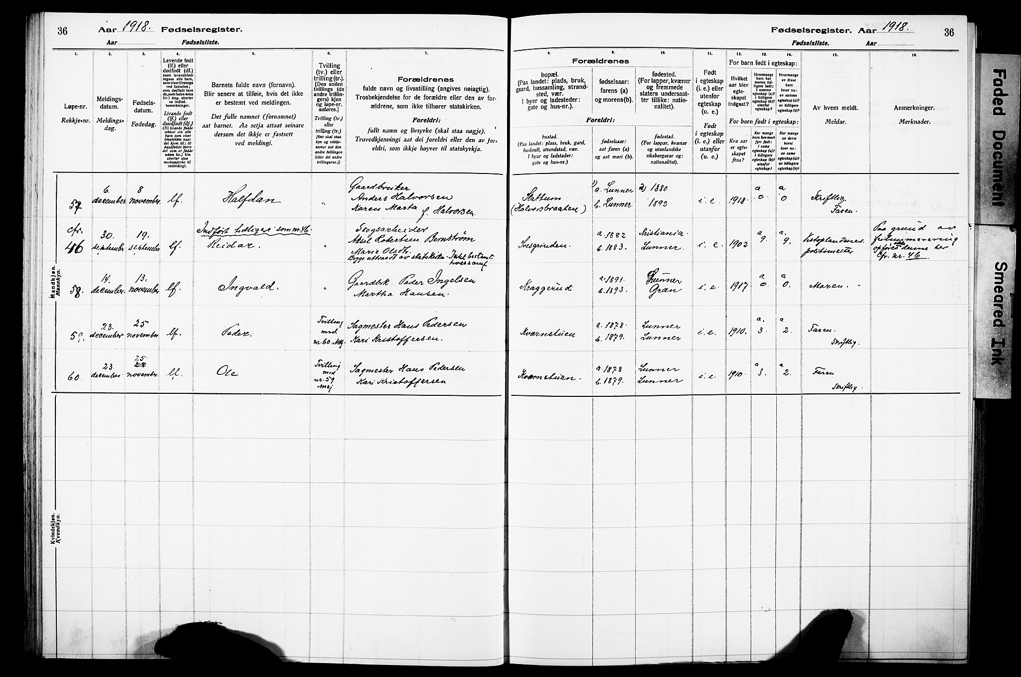 Lunner prestekontor, AV/SAH-PREST-118/I/Id/L0001: Birth register no. 1, 1916-1932, p. 36