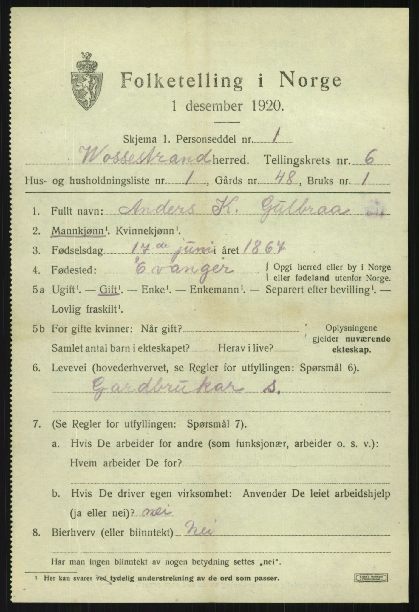 SAB, 1920 census for Vossestrand, 1920, p. 2820