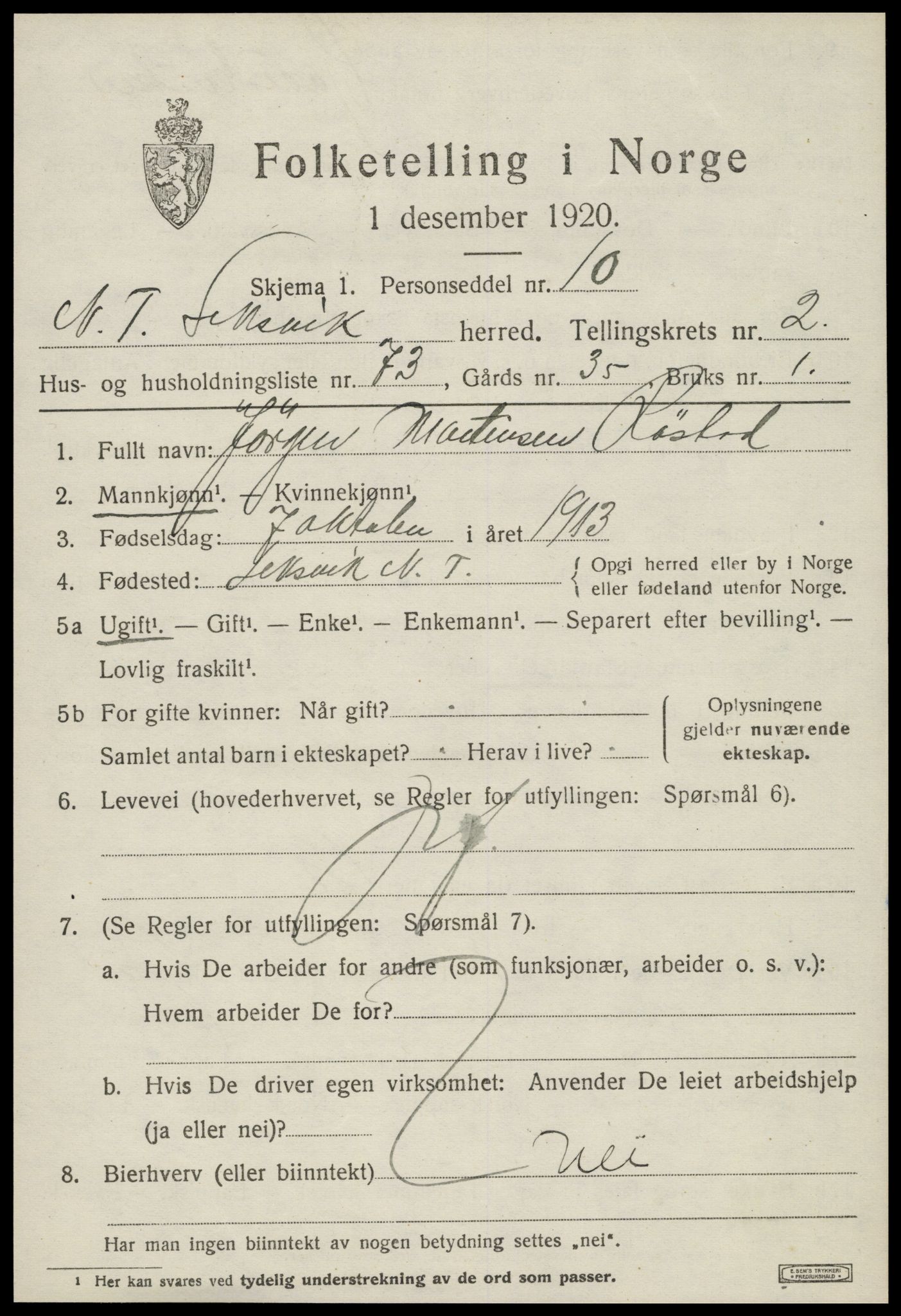 SAT, 1920 census for Leksvik, 1920, p. 2584