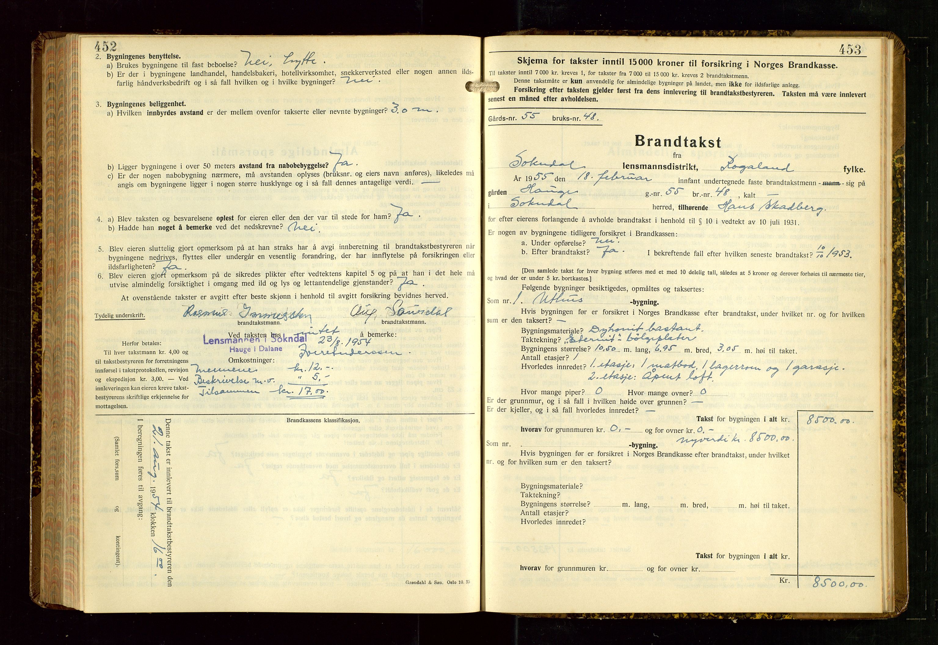 Sokndal lensmannskontor, AV/SAST-A-100417/Gob/L0008: "Brandtakst-Protokoll", 1937-1955, p. 452-453