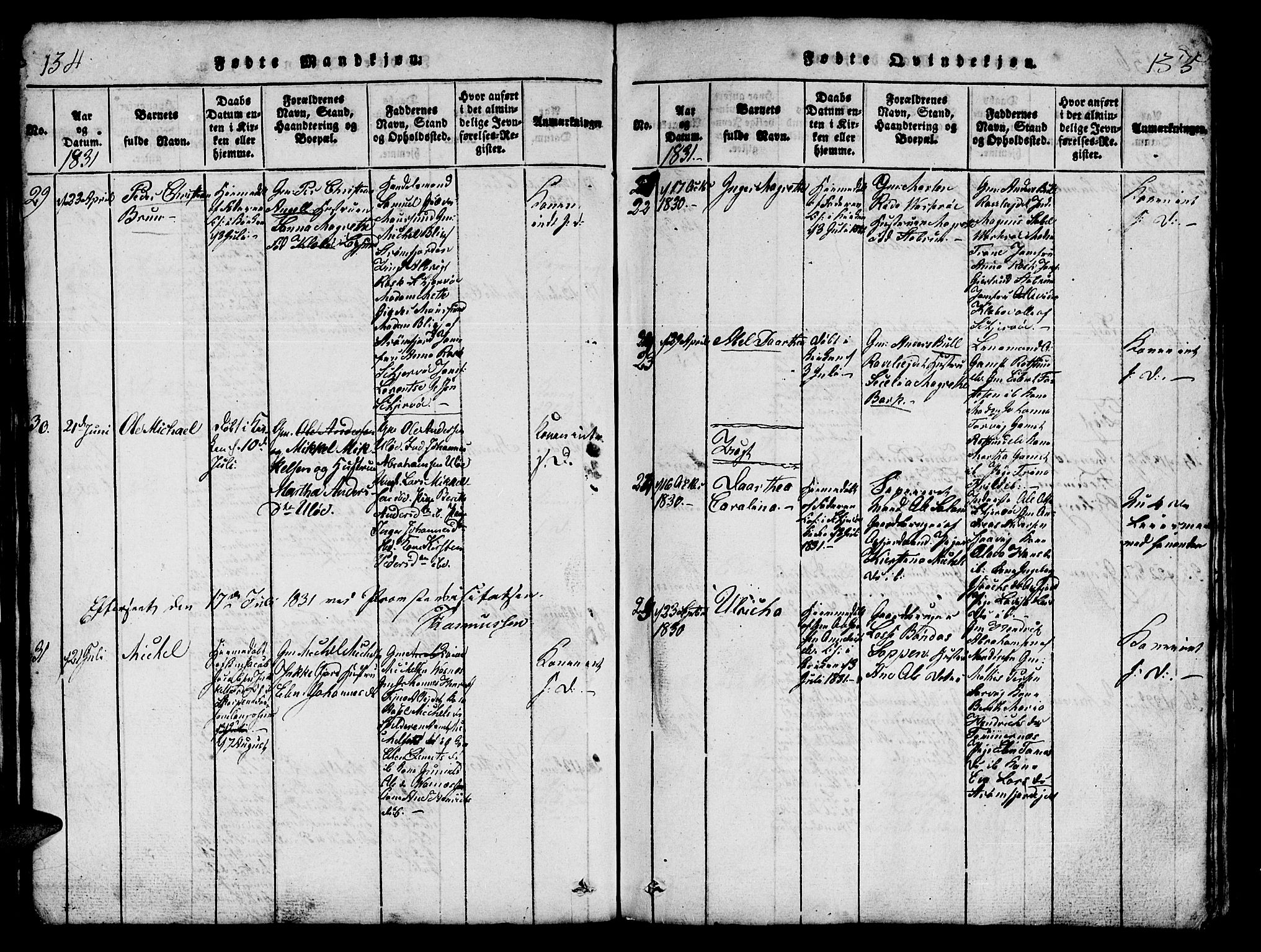 Skjervøy sokneprestkontor, AV/SATØ-S-1300/H/Ha/Hab/L0001klokker: Parish register (copy) no. 1, 1825-1838, p. 134-135